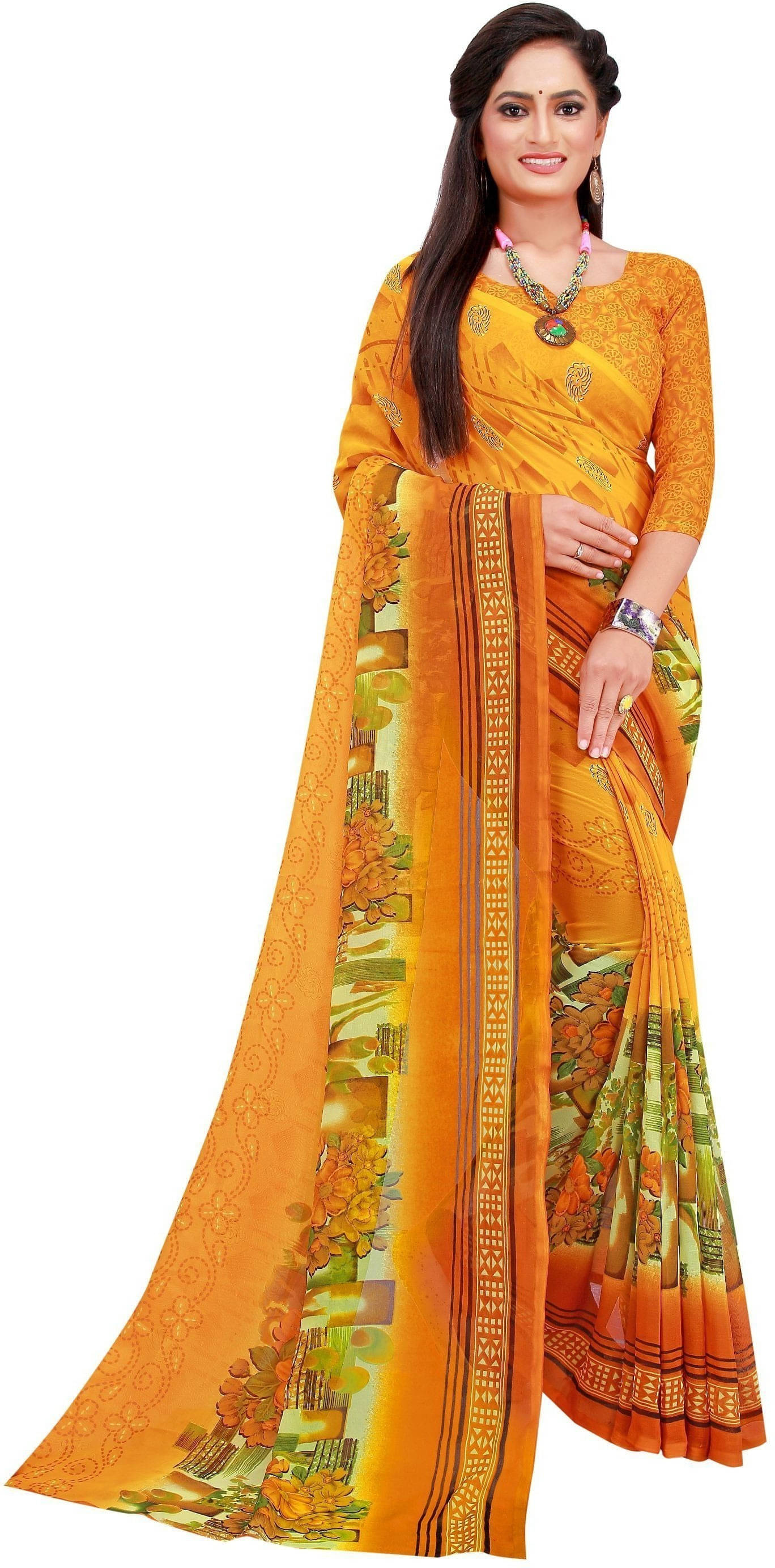     			Suali Lycra Printed Saree With Unstitched Blouse Piece ( Yellow )