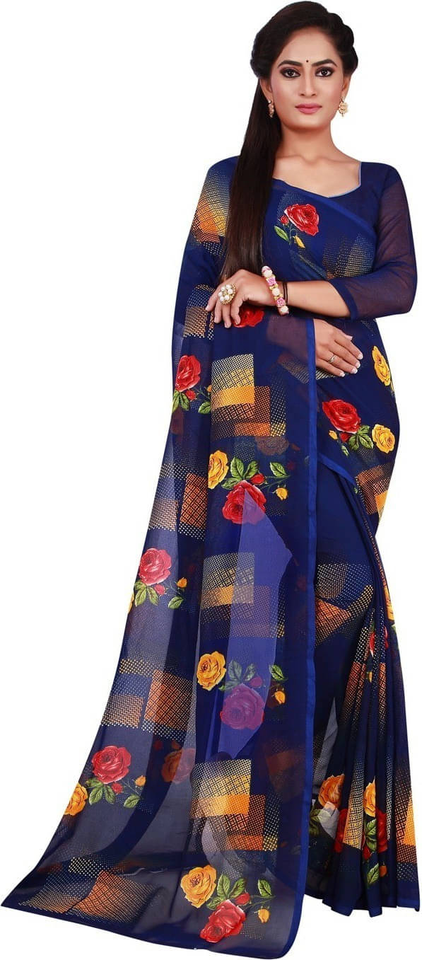 Suali Lycra Printed Saree With Unstitched Blouse Piece ( Blue ) Suali Lycra Printed Saree With Unstitched Blouse Piece ( Blue )