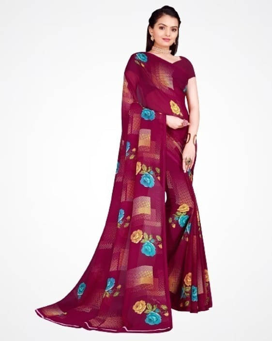     			Suali Lycra Printed Saree With Unstitched Blouse Piece ( Maroon )