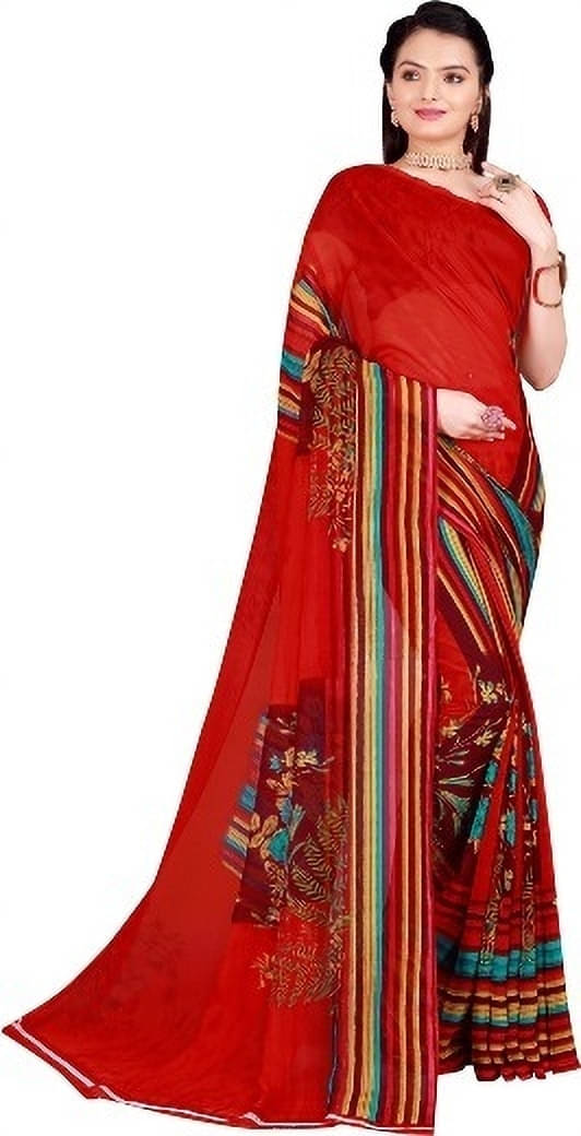 Suali Lycra Printed Saree With Unstitched Blouse Piece ( Red ) Suali Lycra Printed Saree With Unstitched Blouse Piece ( Red )