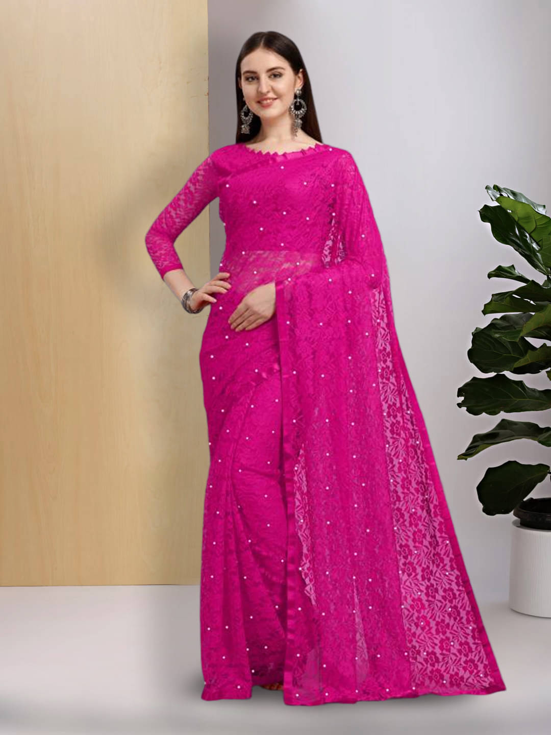 Suali Net Embellished Saree With Unstitched Blouse Piece ( Pink ) Suali Net Embellished Saree With Unstitched Blouse Piece ( Pink )