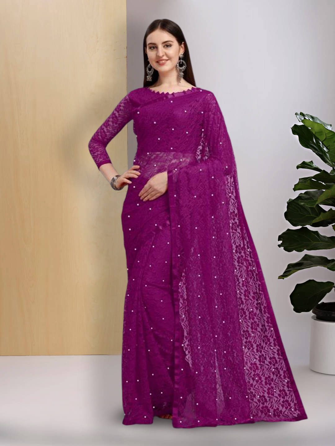 Suali Net Embellished Saree With Unstitched Blouse Piece ( Purple ) Suali Net Embellished Saree With Unstitched Blouse Piece ( Purple )