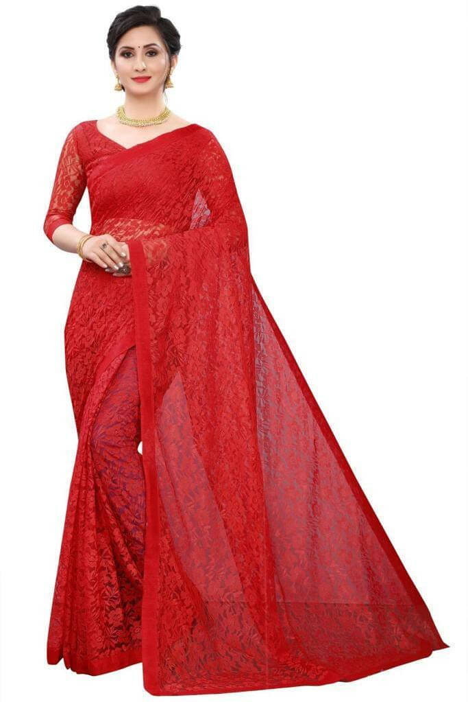 Suali Net Embroidered Saree With Unstitched Blouse Piece ( Red ) Suali Net Embroidered Saree With Unstitched Blouse Piece ( Red )