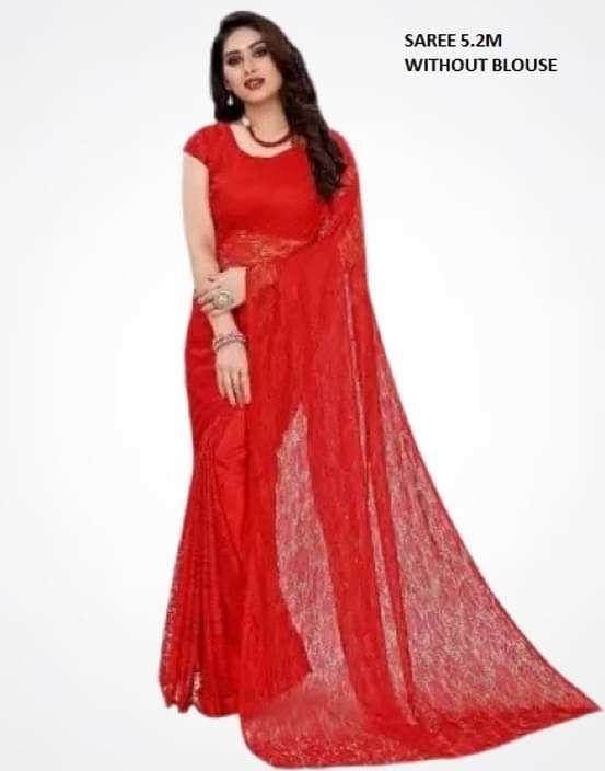 Suali Net Embroidered Saree With Unstitched Blouse Piece ( Red ) Suali Net Embroidered Saree With Unstitched Blouse Piece ( Red )