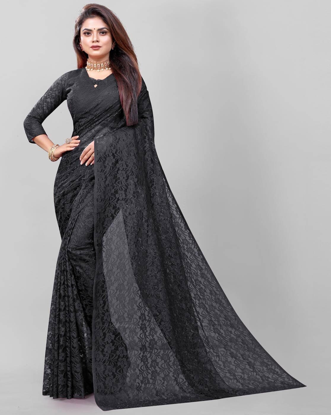 Suali Net Printed Saree With Unstitched Blouse Piece ( Black ) Suali Net Printed Saree With Unstitched Blouse Piece ( Black )