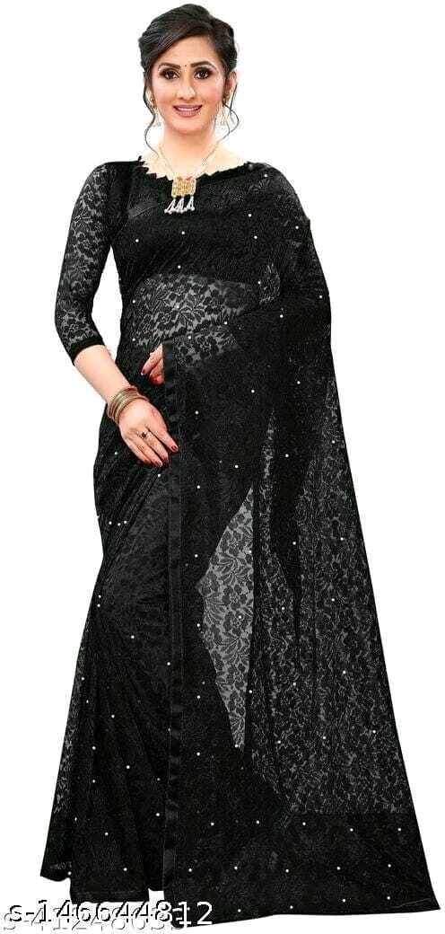     			Suali Net Printed Saree With Unstitched Blouse Piece ( Black )