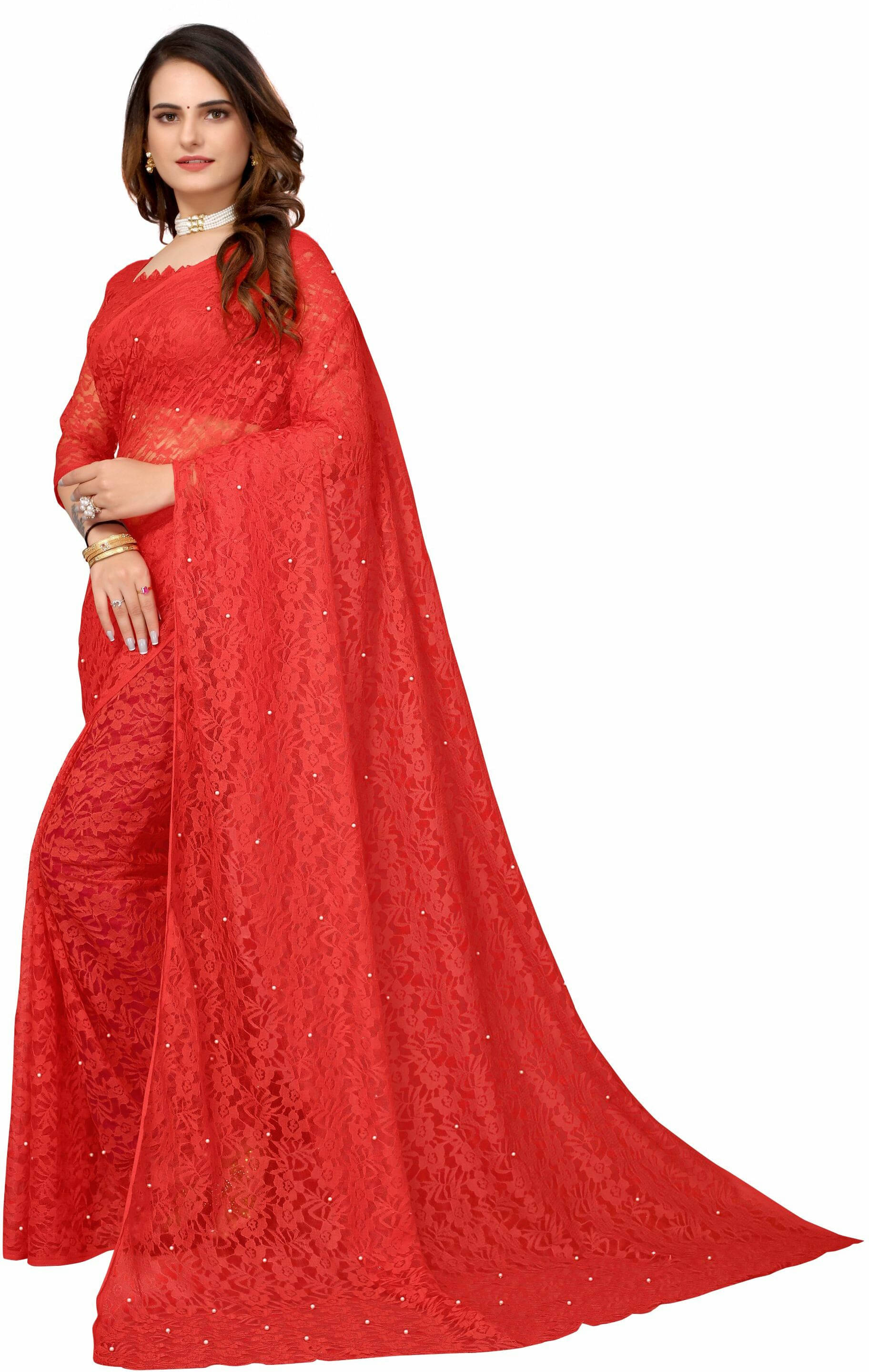 Suali Net Printed Saree With Unstitched Blouse Piece ( Red ) Suali Net Printed Saree With Unstitched Blouse Piece ( Red )