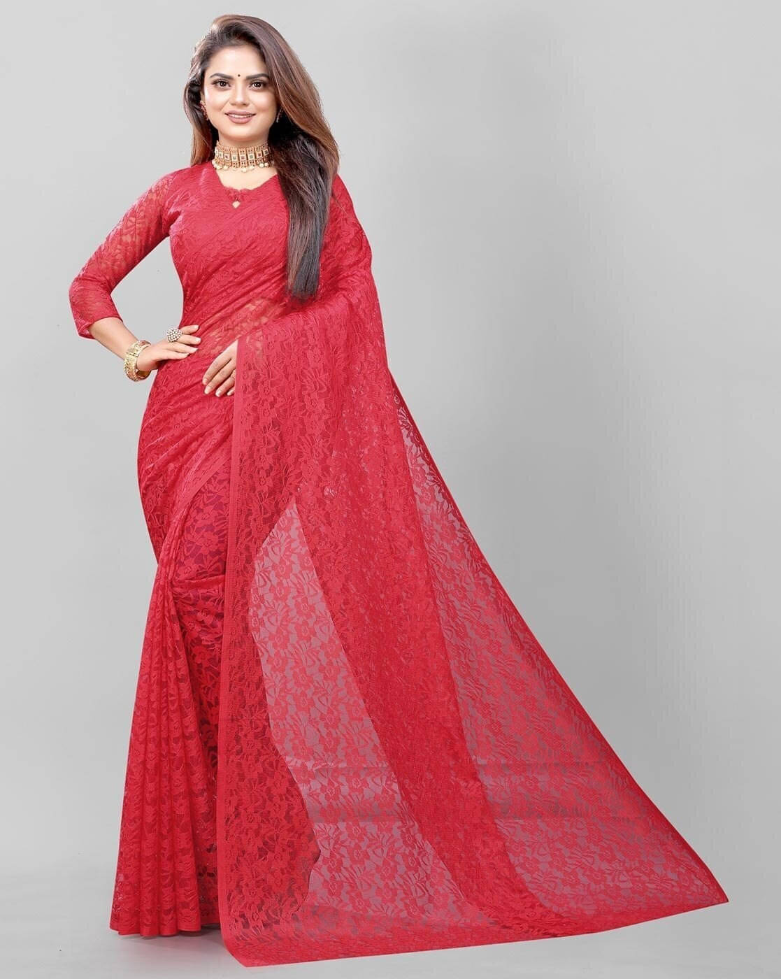 Suali Net Printed Saree With Unstitched Blouse Piece ( Red ) Suali Net Printed Saree With Unstitched Blouse Piece ( Red )