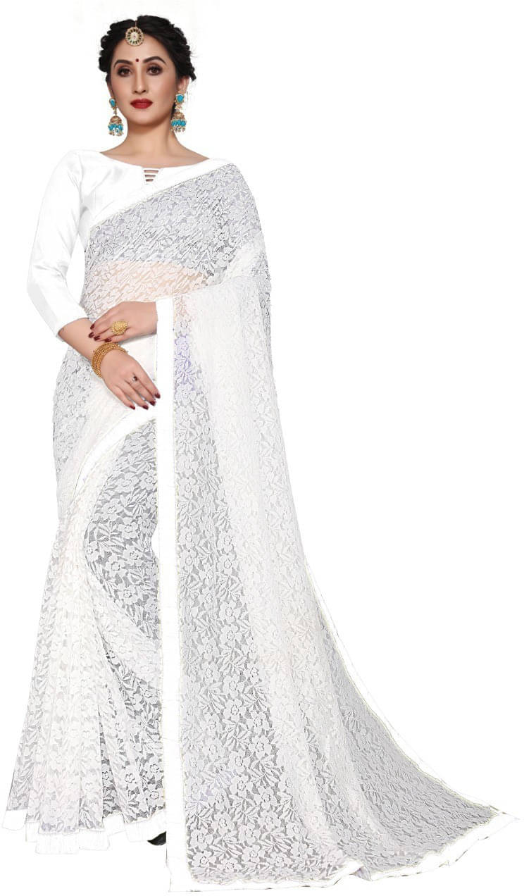 Suali Net Printed Saree With Unstitched Blouse Piece ( White ) Suali Net Printed Saree With Unstitched Blouse Piece ( White )