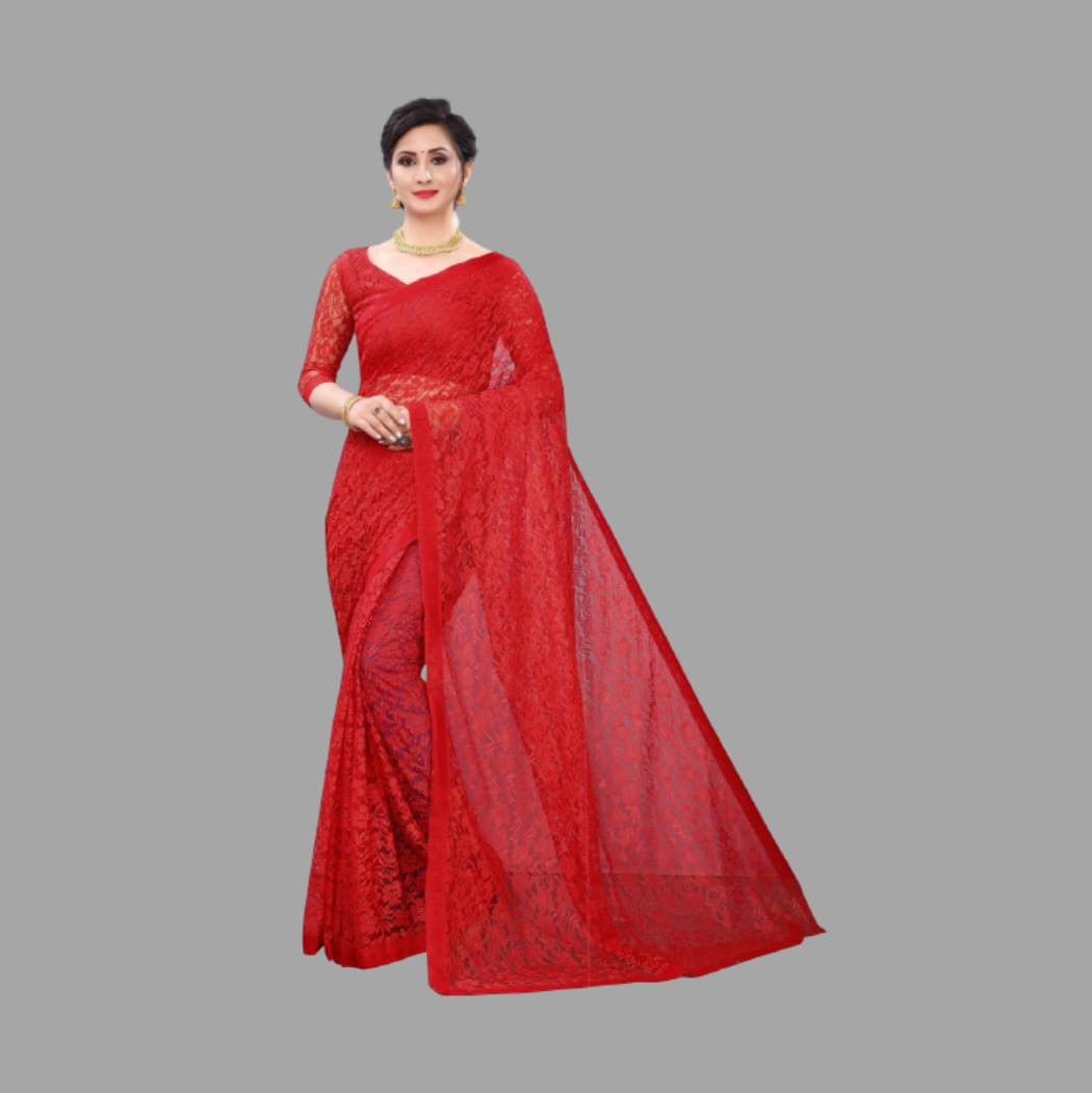 Suali Net Printed Saree With Unstitched Blouse Piece ( Red ) Suali Net Printed Saree With Unstitched Blouse Piece ( Red )