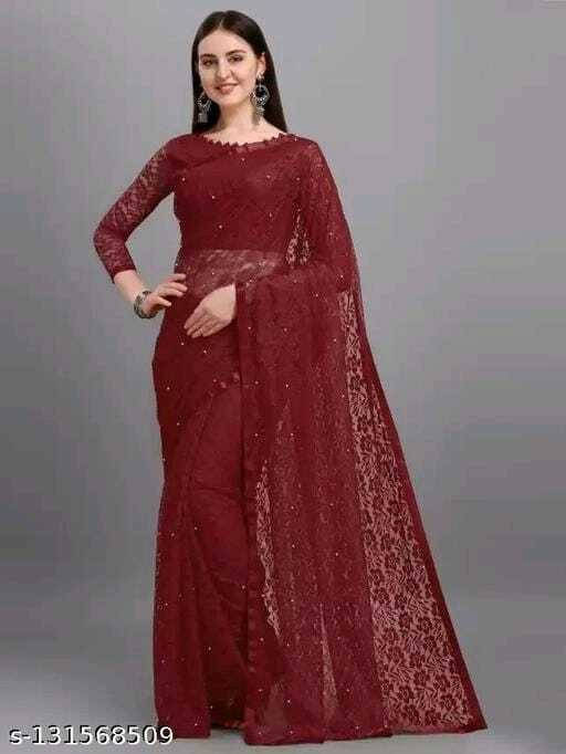 Suali Net Printed Saree With Unstitched Blouse Piece ( Maroon ) Suali Net Printed Saree With Unstitched Blouse Piece ( Maroon )