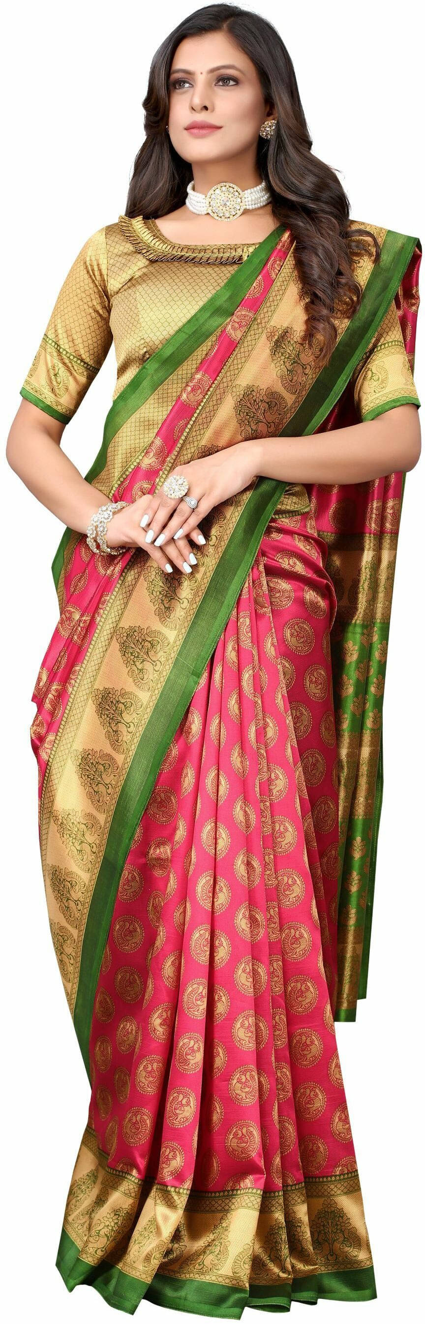     			Suali Net Printed Saree With Unstitched Blouse Piece ( Pink )