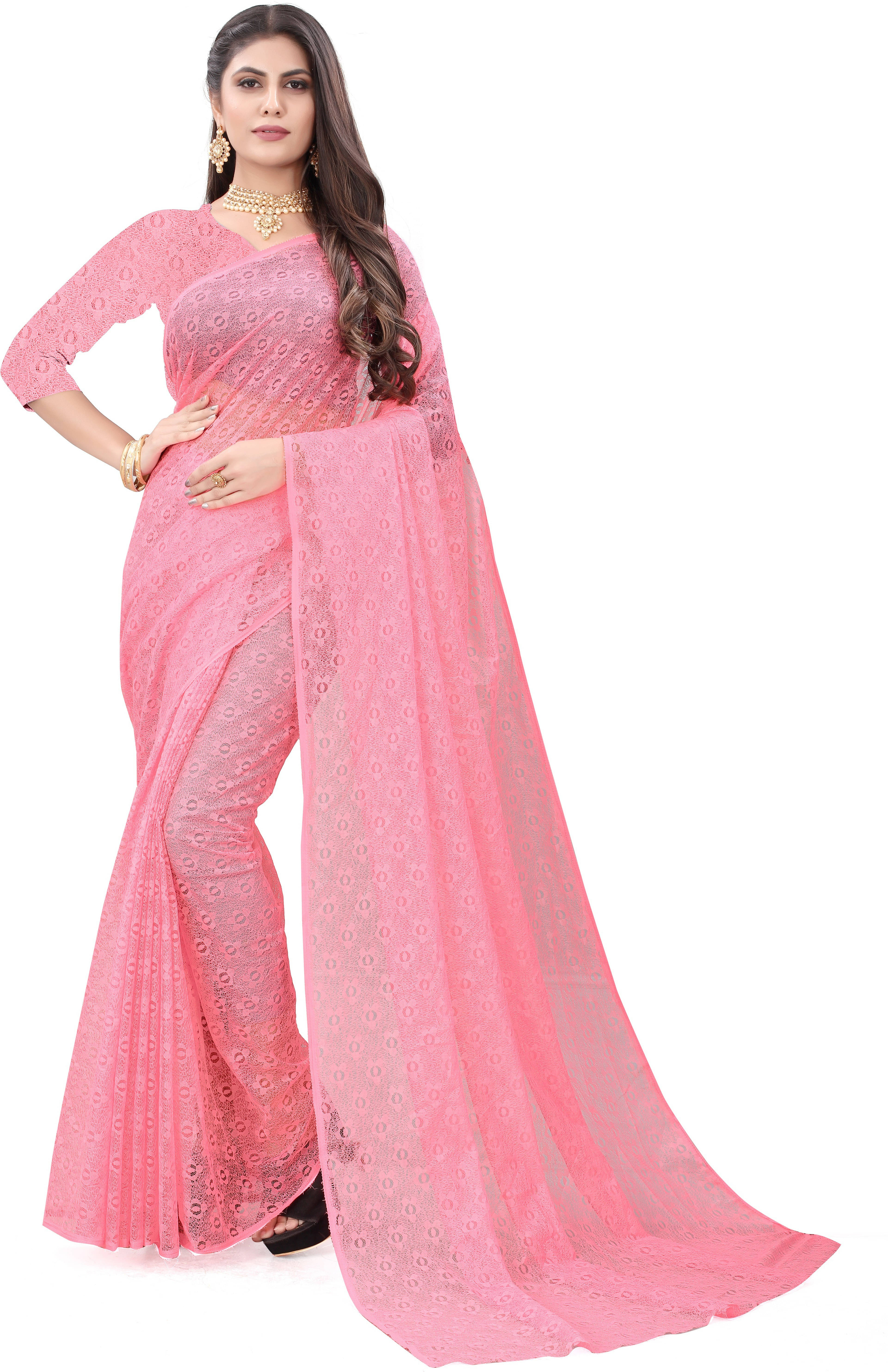 Suali Net Self Design Saree With Unstitched Blouse Piece ( Pink ) Suali Net Self Design Saree With Unstitched Blouse Piece ( Pink )