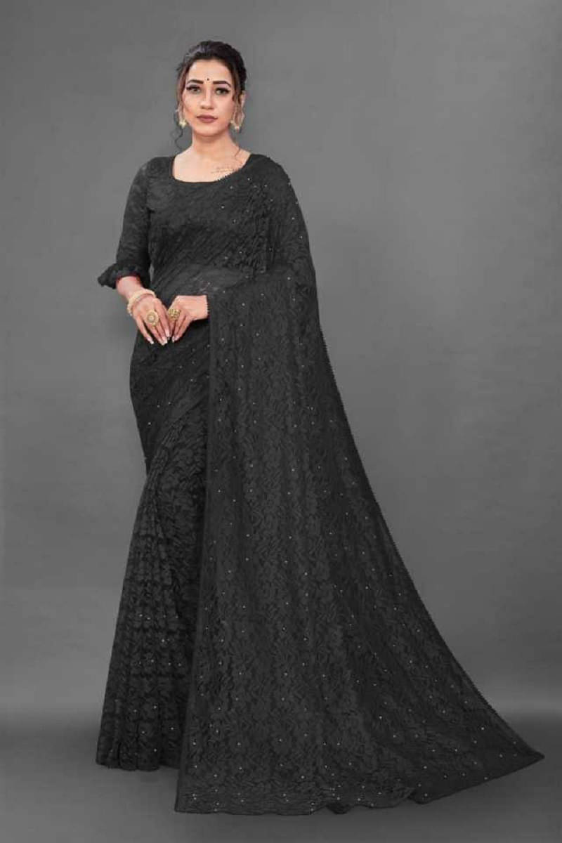 Suali Net Self Design Saree With Unstitched Blouse Piece ( Black ) Suali Net Self Design Saree With Unstitched Blouse Piece ( Black )