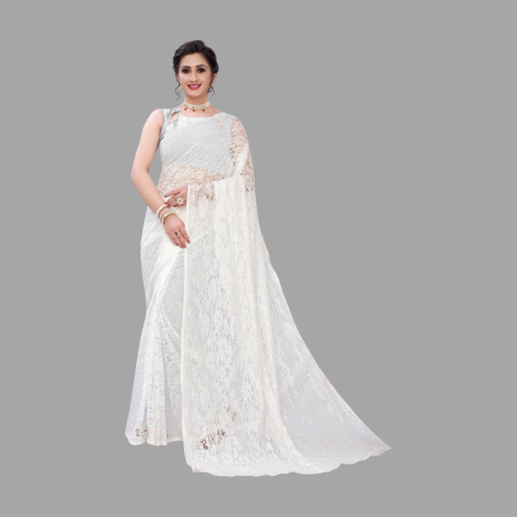 Suali Net Self Design Saree With Unstitched Blouse Piece ( White ) Suali Net Self Design Saree With Unstitched Blouse Piece ( White )