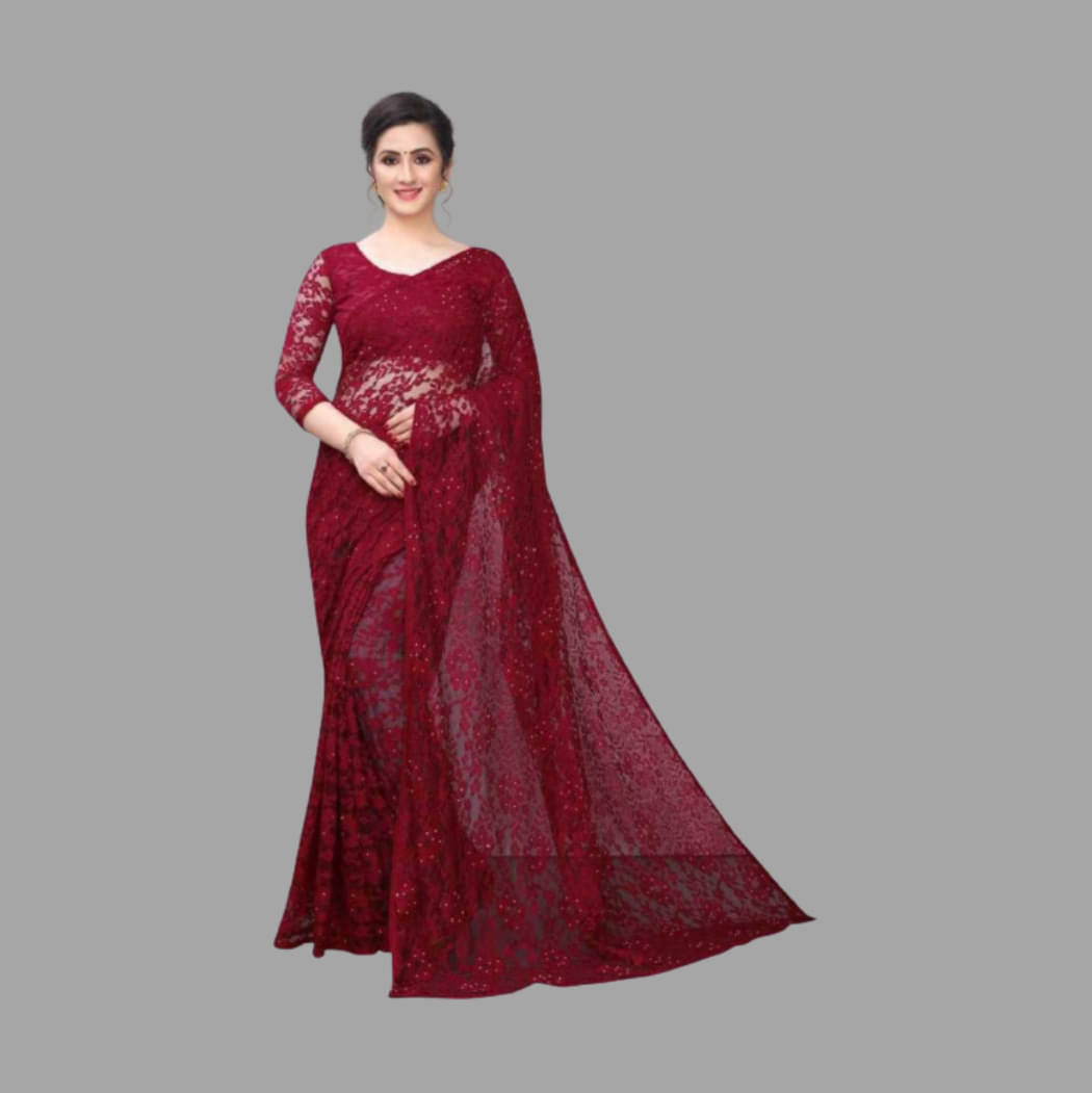 Suali Net Self Design Saree With Unstitched Blouse Piece ( Maroon ) Suali Net Self Design Saree With Unstitched Blouse Piece ( Maroon )