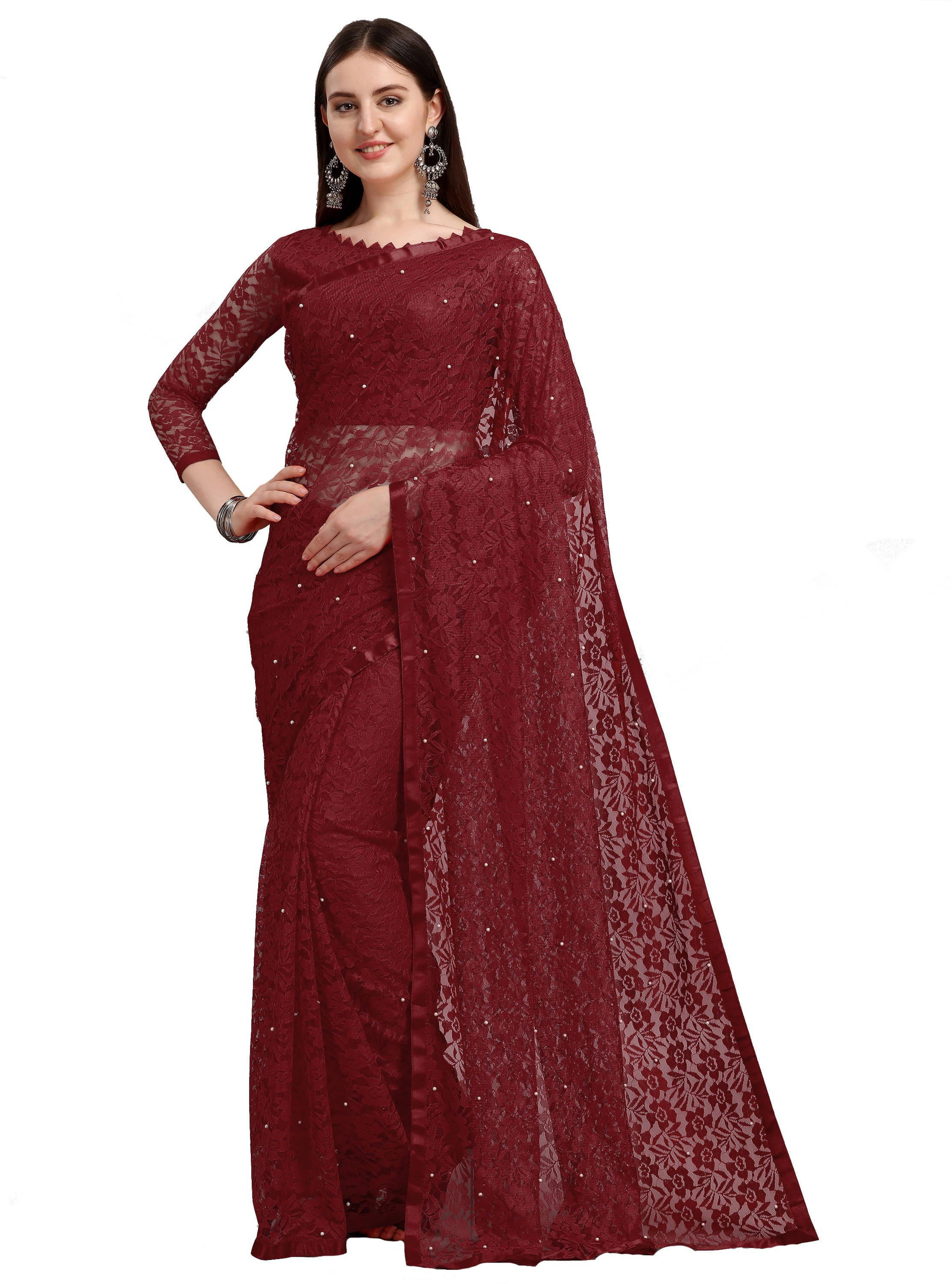Suali Net Self Design Saree With Unstitched Blouse Piece ( Maroon ) Suali Net Self Design Saree With Unstitched Blouse Piece ( Maroon )