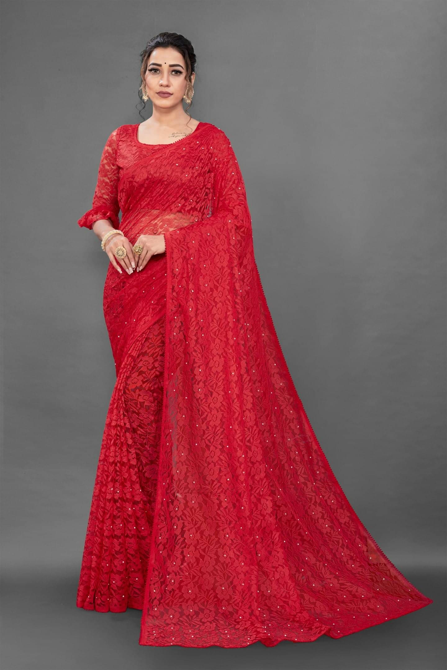 Suali Net Self Design Saree With Unstitched Blouse Piece ( Red ) Suali Net Self Design Saree With Unstitched Blouse Piece ( Red )