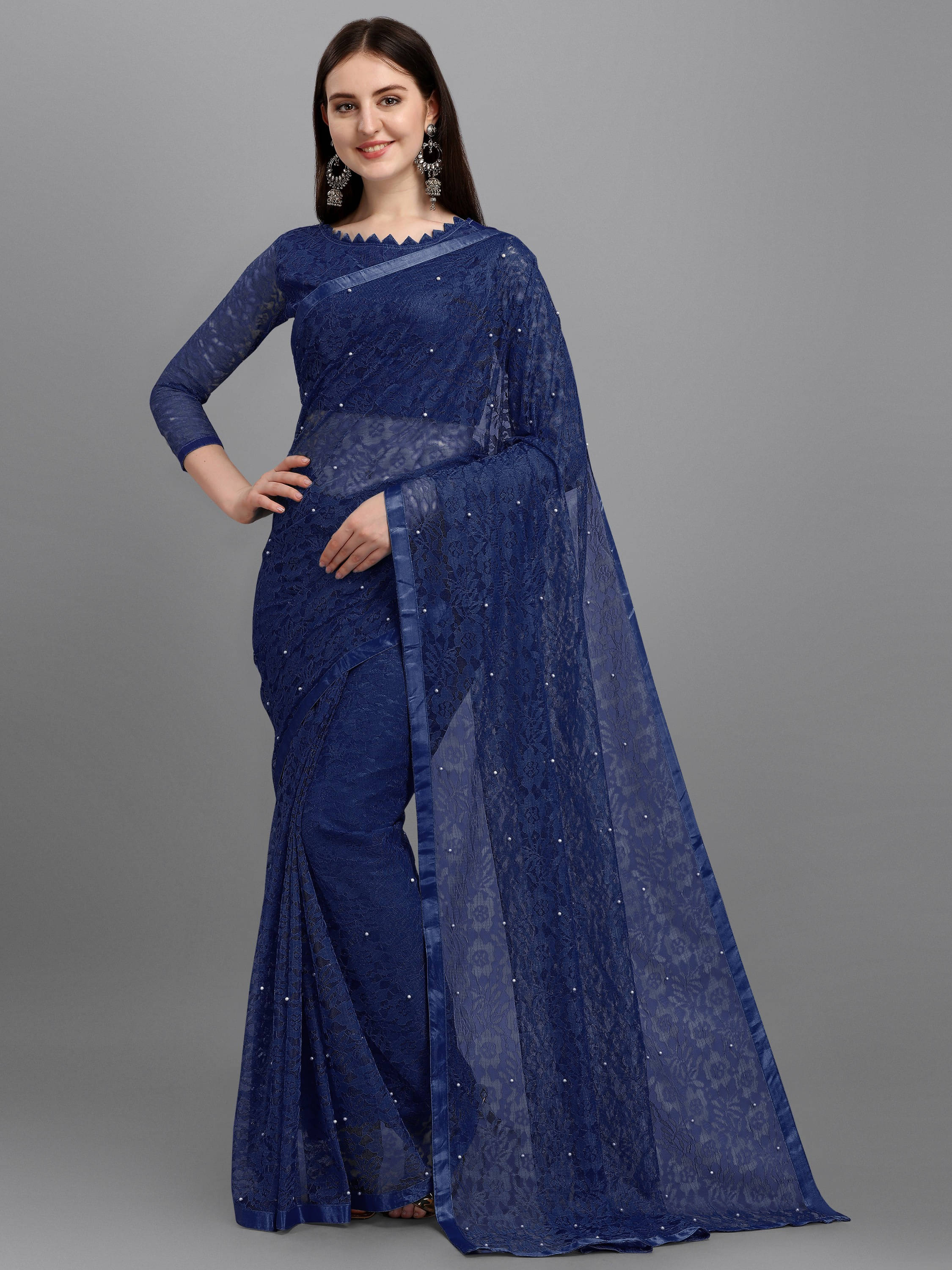     			Suali Net Self Design Saree With Unstitched Blouse Piece ( Blue )