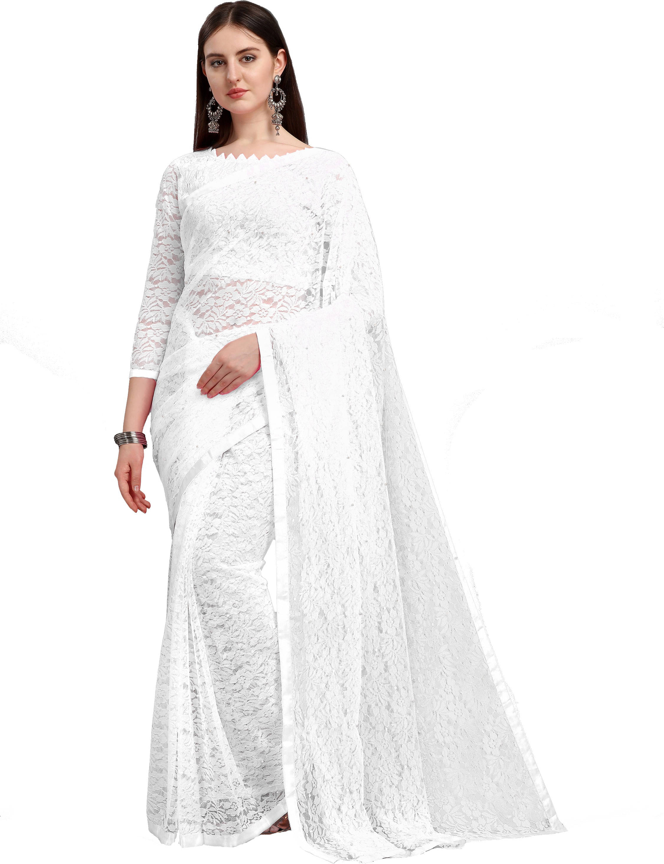 Suali Net Self Design Saree With Unstitched Blouse Piece ( White ) Suali Net Self Design Saree With Unstitched Blouse Piece ( White )