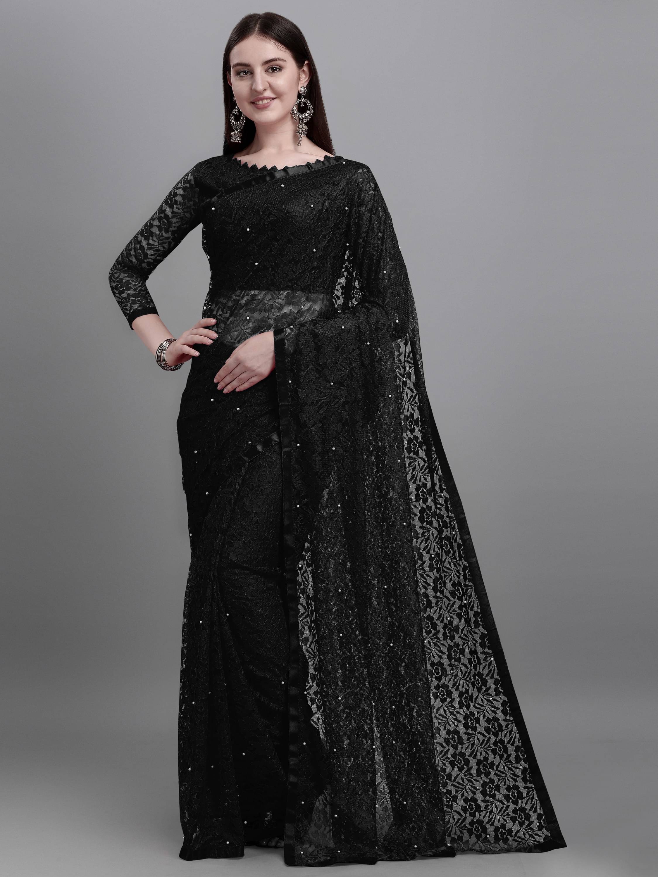 Suali Net Self Design Saree With Unstitched Blouse Piece ( Black ) Suali Net Self Design Saree With Unstitched Blouse Piece ( Black )