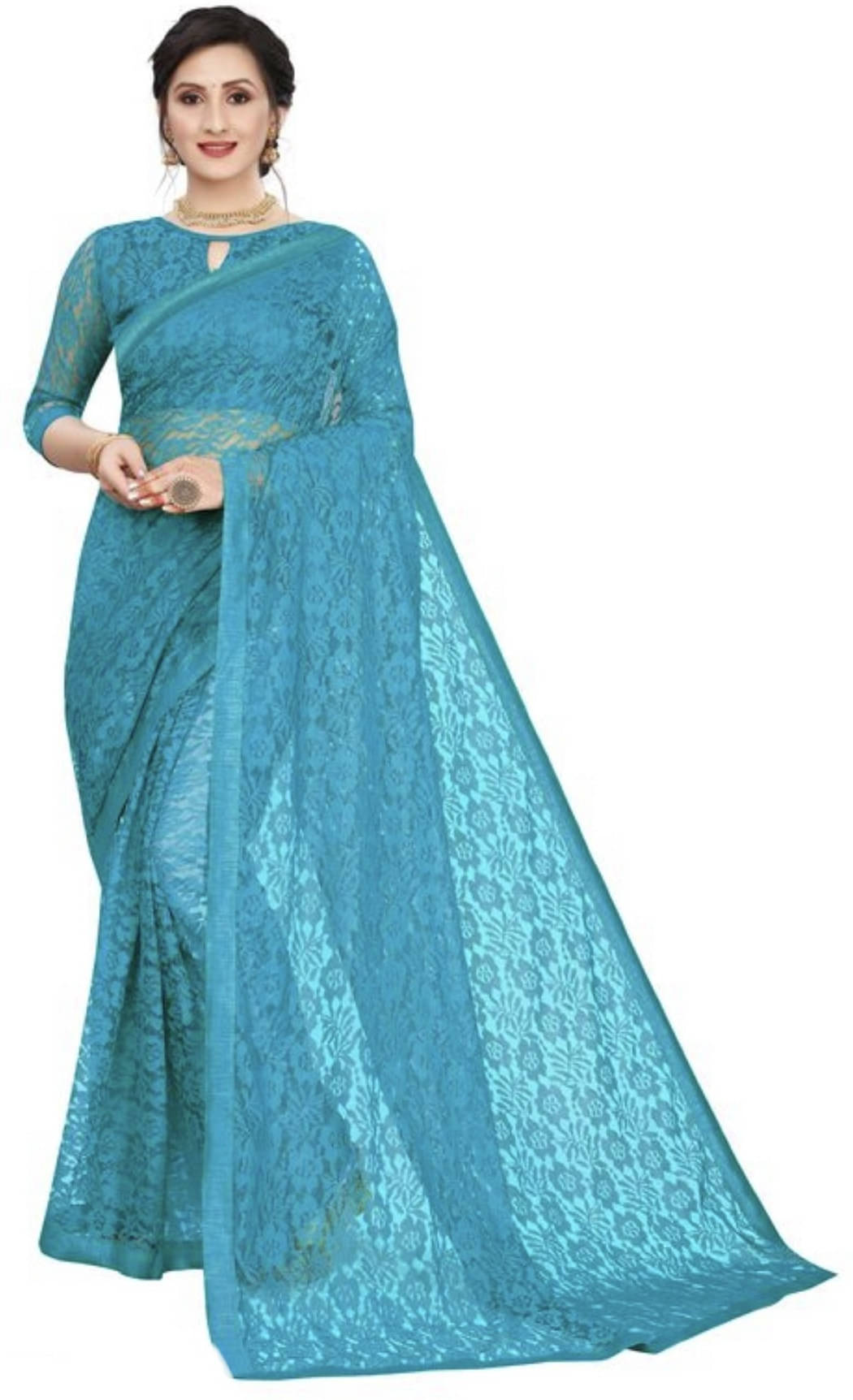 Suali Net Self Design Saree With Unstitched Blouse Piece ( Light Blue ) Suali Net Self Design Saree With Unstitched Blouse Piece ( Light Blue )