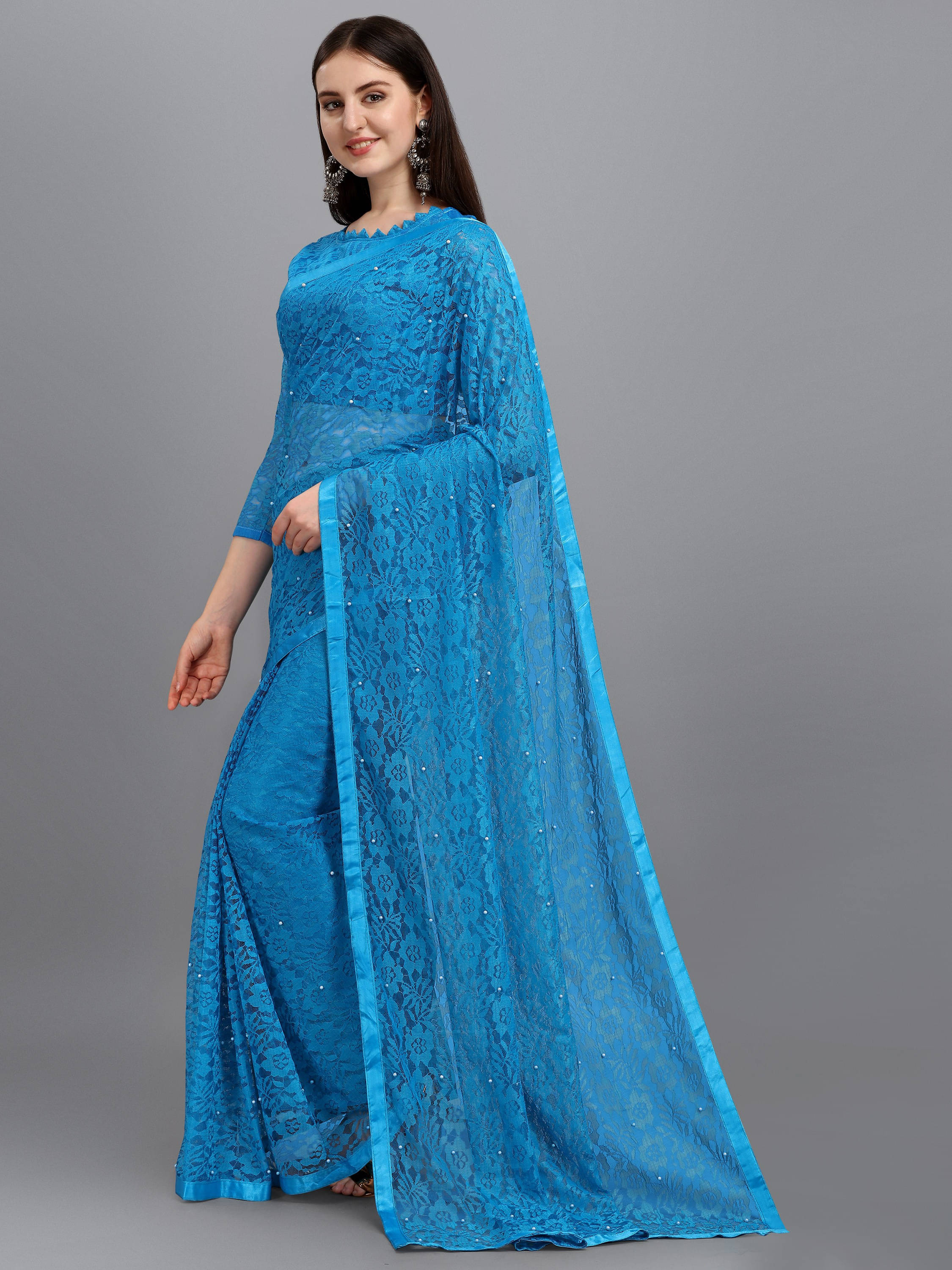 Suali Net Self Design Saree With Unstitched Blouse Piece ( Light Blue ) Suali Net Self Design Saree With Unstitched Blouse Piece ( Light Blue )