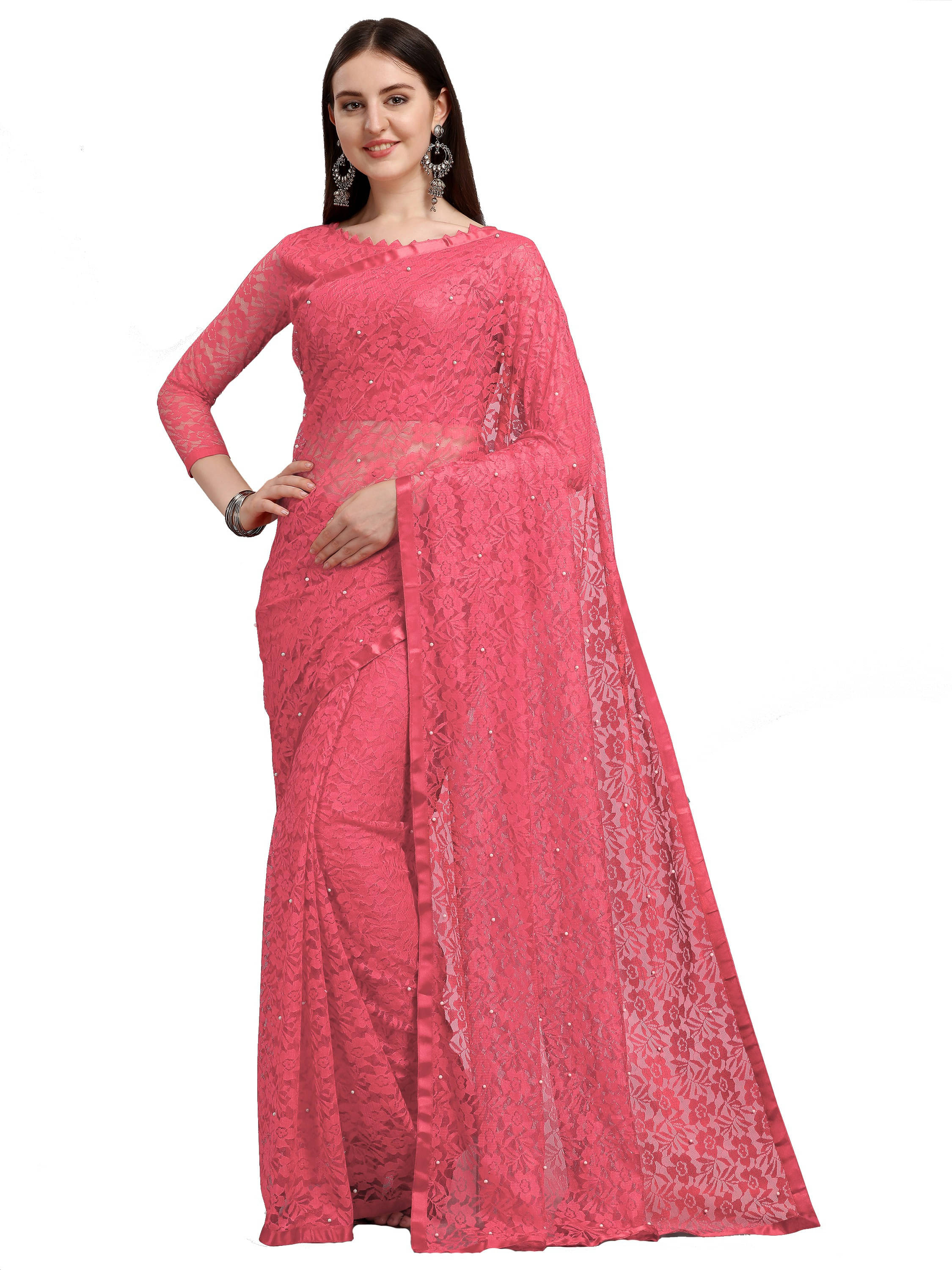 Suali Net Self Design Saree With Unstitched Blouse Piece ( Pink ) Suali Net Self Design Saree With Unstitched Blouse Piece ( Pink )