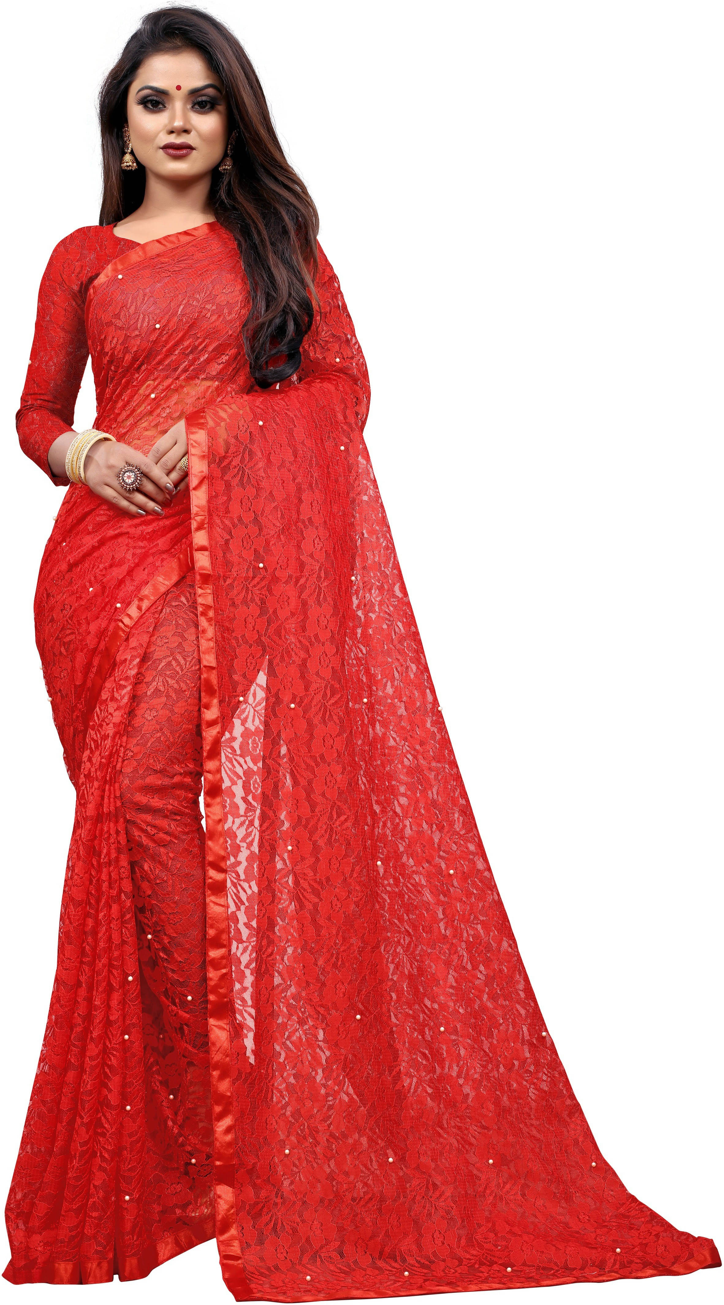 Suali Net Self Design Saree With Unstitched Blouse Piece ( Red ) Suali Net Self Design Saree With Unstitched Blouse Piece ( Red )