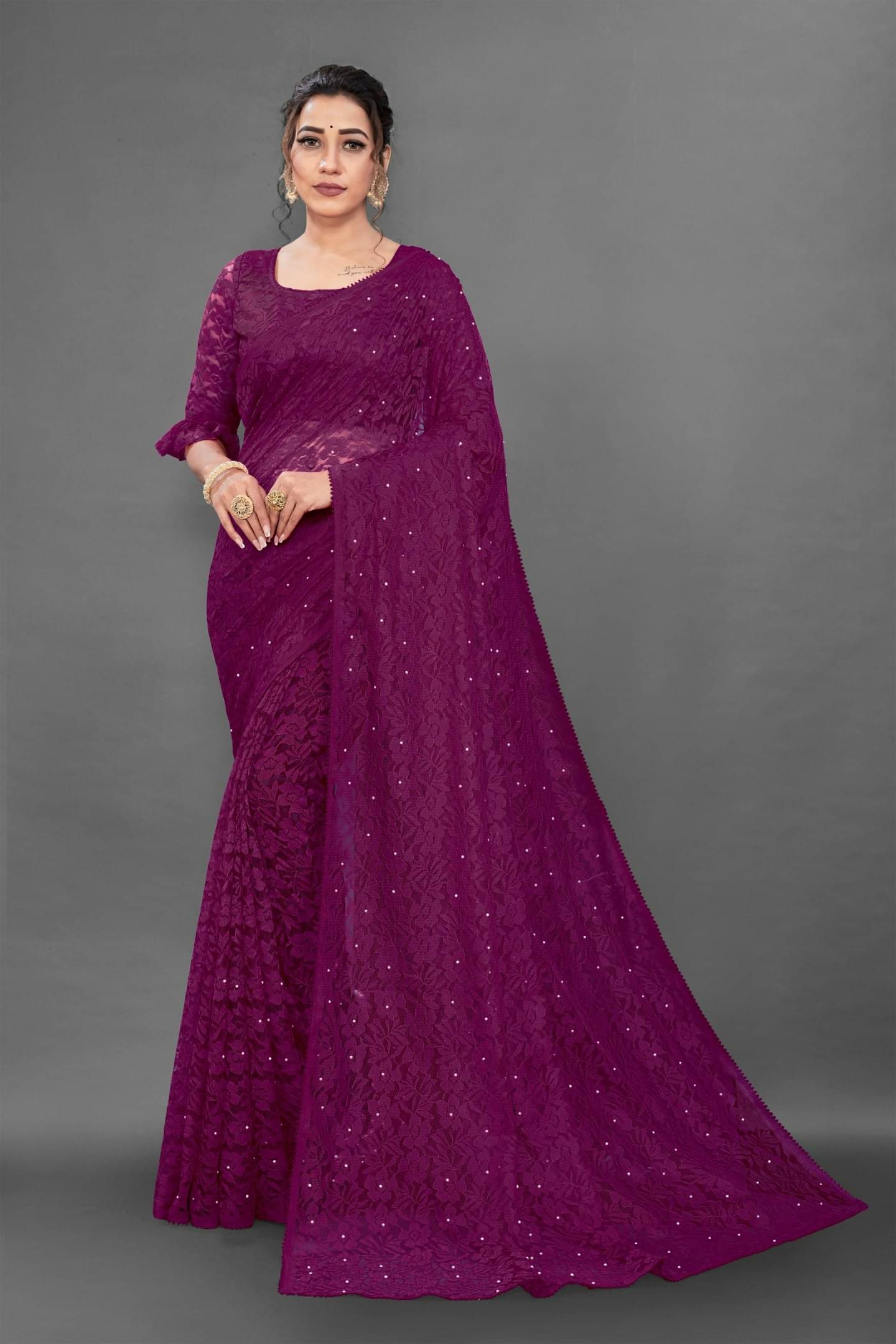 Suali Net Self Design Saree With Unstitched Blouse Piece ( Purple ) Suali Net Self Design Saree With Unstitched Blouse Piece ( Purple )