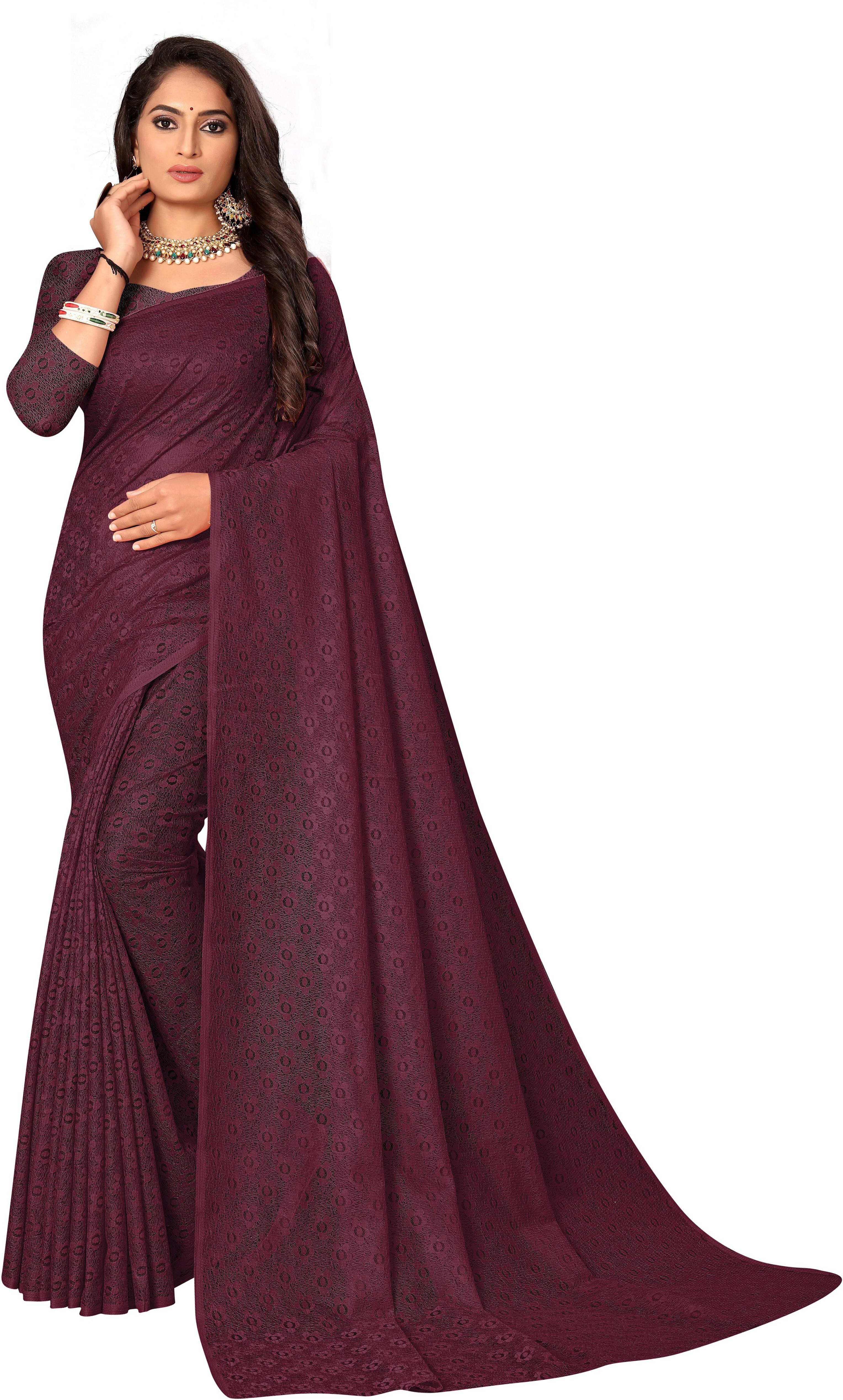 Suali Net Self Design Saree With Unstitched Blouse Piece ( Purple ) Suali Net Self Design Saree With Unstitched Blouse Piece ( Purple )