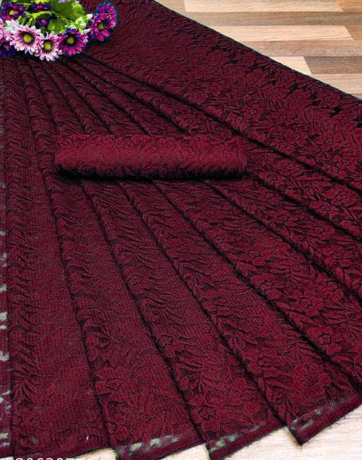 Suali Net Self Design Saree With Unstitched Blouse Piece ( Maroon ) Suali Net Self Design Saree With Unstitched Blouse Piece ( Maroon )