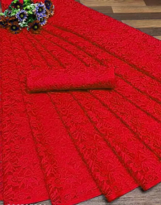 Suali Net Solid Saree With Unstitched Blouse Piece ( Red ) Suali Net Solid Saree With Unstitched Blouse Piece ( Red )