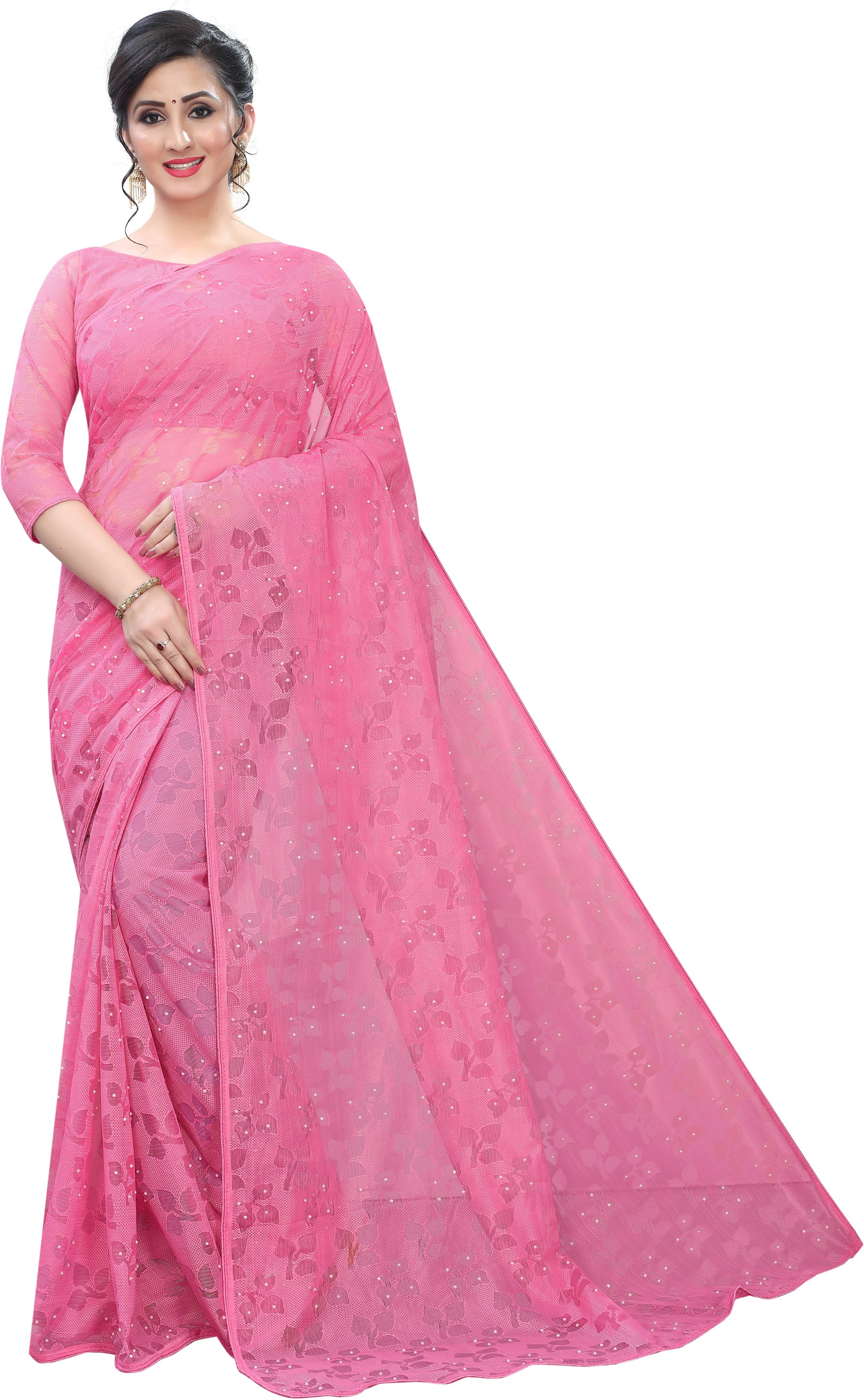 Suali Net Solid Saree With Unstitched Blouse Piece ( Pink ) Suali Net Solid Saree With Unstitched Blouse Piece ( Pink )