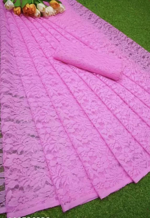 Suali Net Solid Saree With Unstitched Blouse Piece ( Pink ) Suali Net Solid Saree With Unstitched Blouse Piece ( Pink )