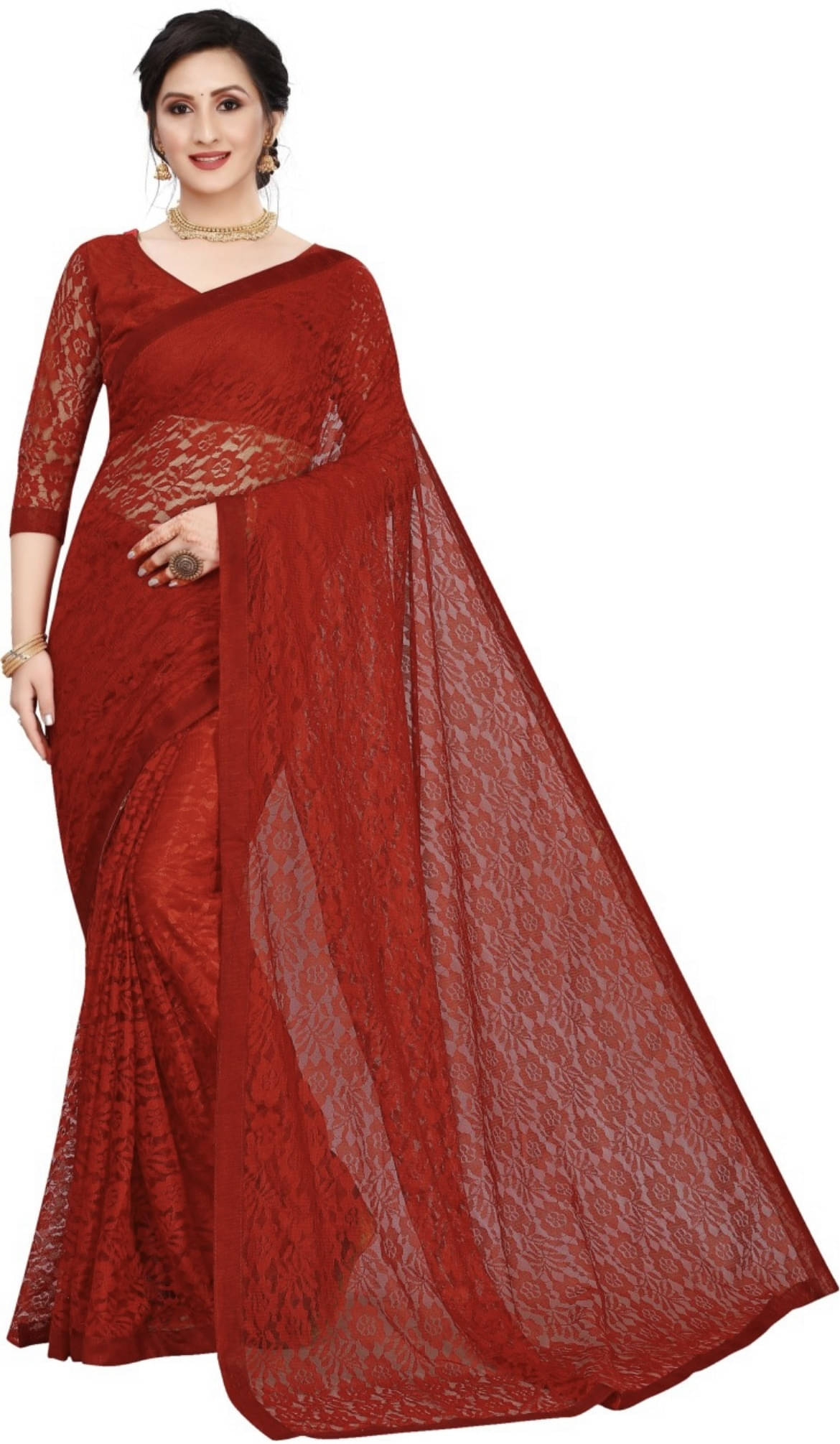 Suali Net Woven Saree With Unstitched Blouse Piece ( Maroon ) Suali Net Woven Saree With Unstitched Blouse Piece ( Maroon )