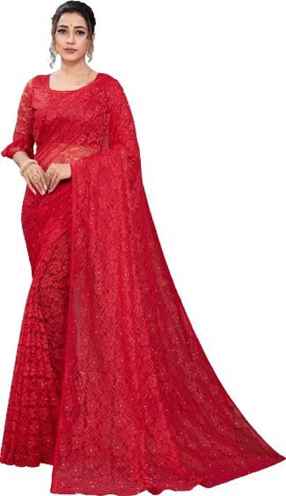 Suali Net Woven Saree With Unstitched Blouse Piece ( Red ) Suali Net Woven Saree With Unstitched Blouse Piece ( Red )
