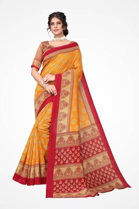 Suali Silk Printed Saree With Unstitched Blouse Piece ( Mustard ) Suali Silk Printed Saree With Unstitched Blouse Piece ( Mustard )
