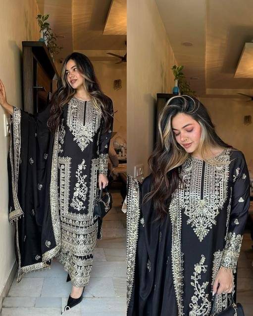 Supar Sleave Women's Chanderi Embroidered Kurti With Pants ( Black )     			Supar Sleave Women's Chanderi Embroidered Kurti With Pants ( Black )