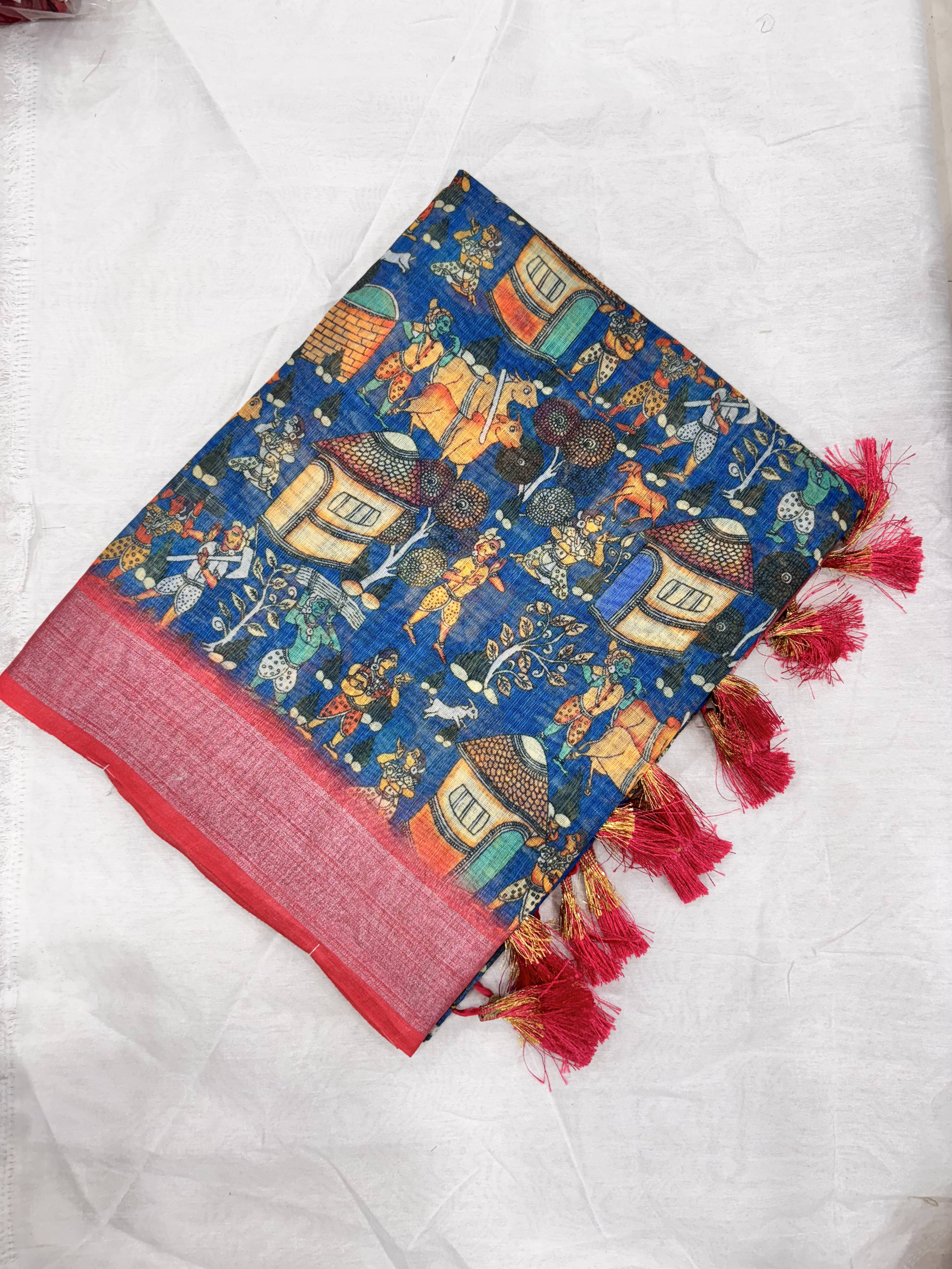     			Sureta Cotton Blend Printed Saree With Unstitched Blouse Piece ( Blue )