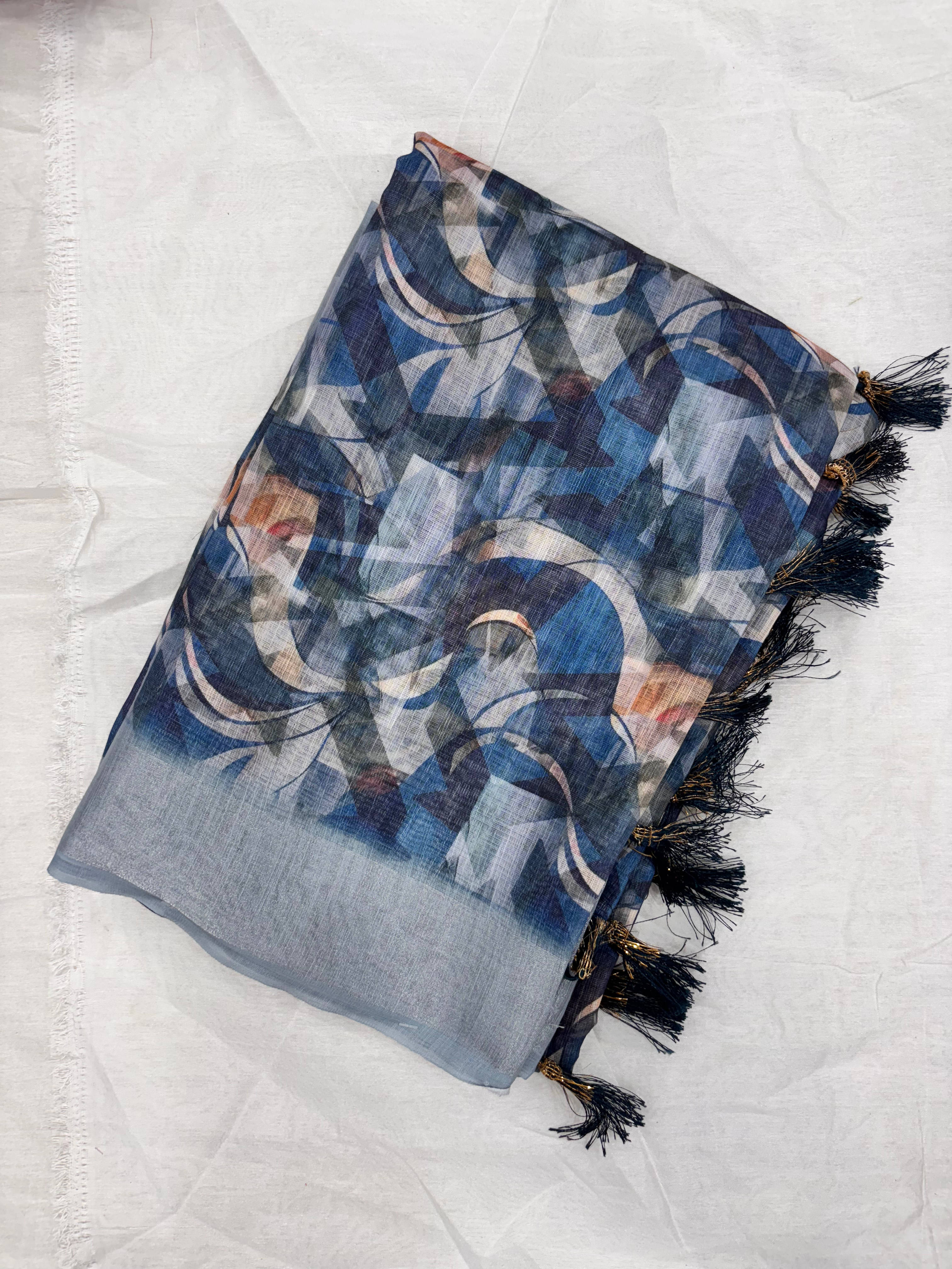     			Sureta Cotton Blend Printed Saree With Unstitched Blouse Piece ( Blue )