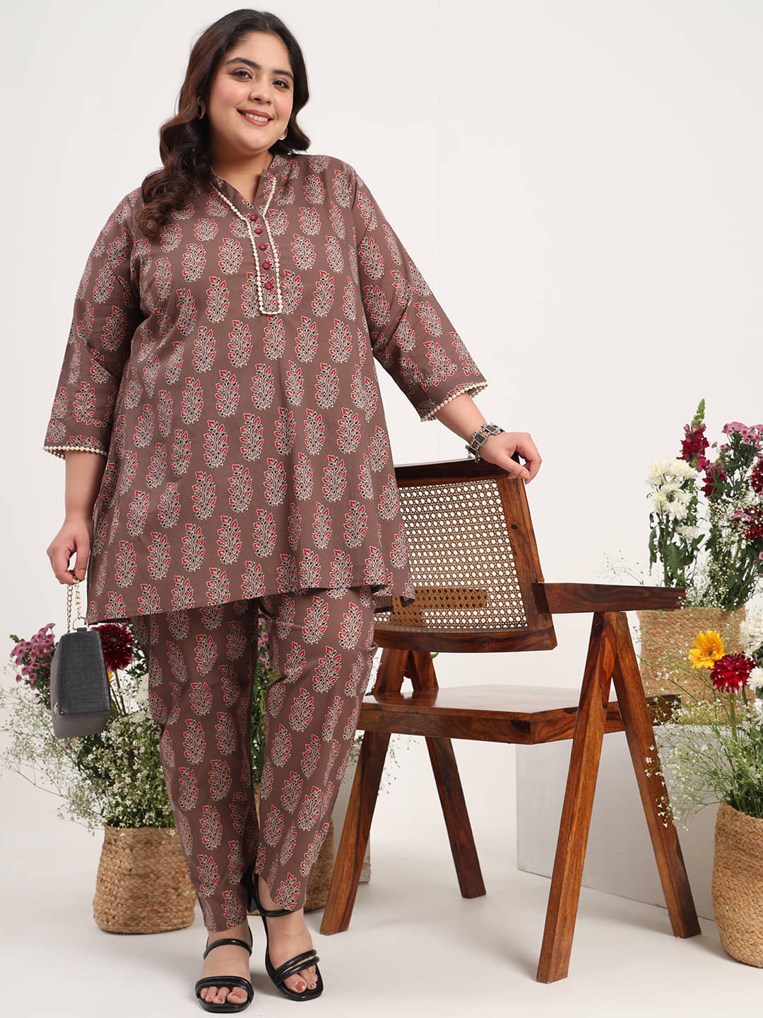     			Tissu Women Printed Tunic With Trousers Co-Ord Set ( Brown )