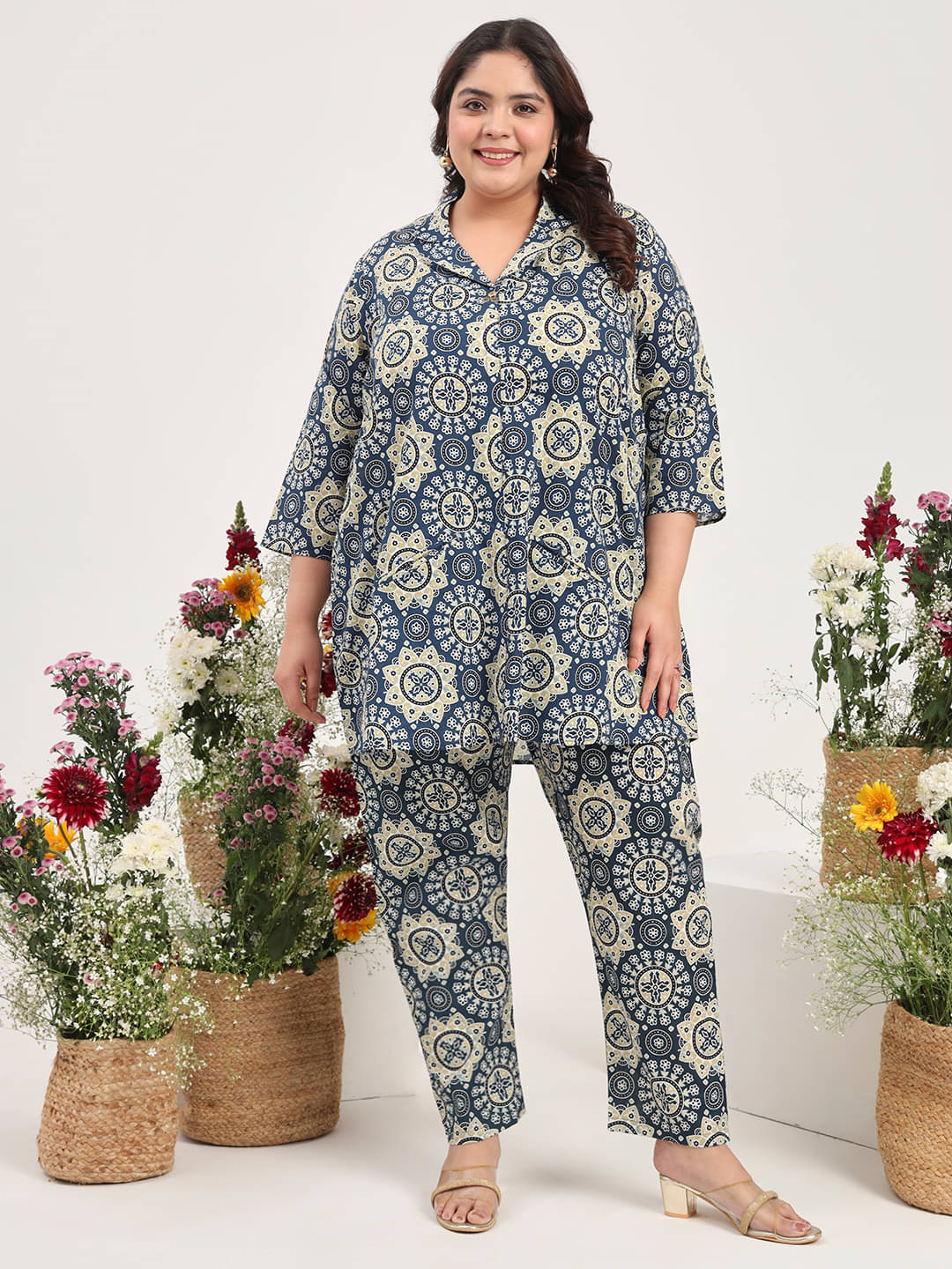     			Tissu Women Printed Tunic With Trousers Co-Ord Set ( Blue )