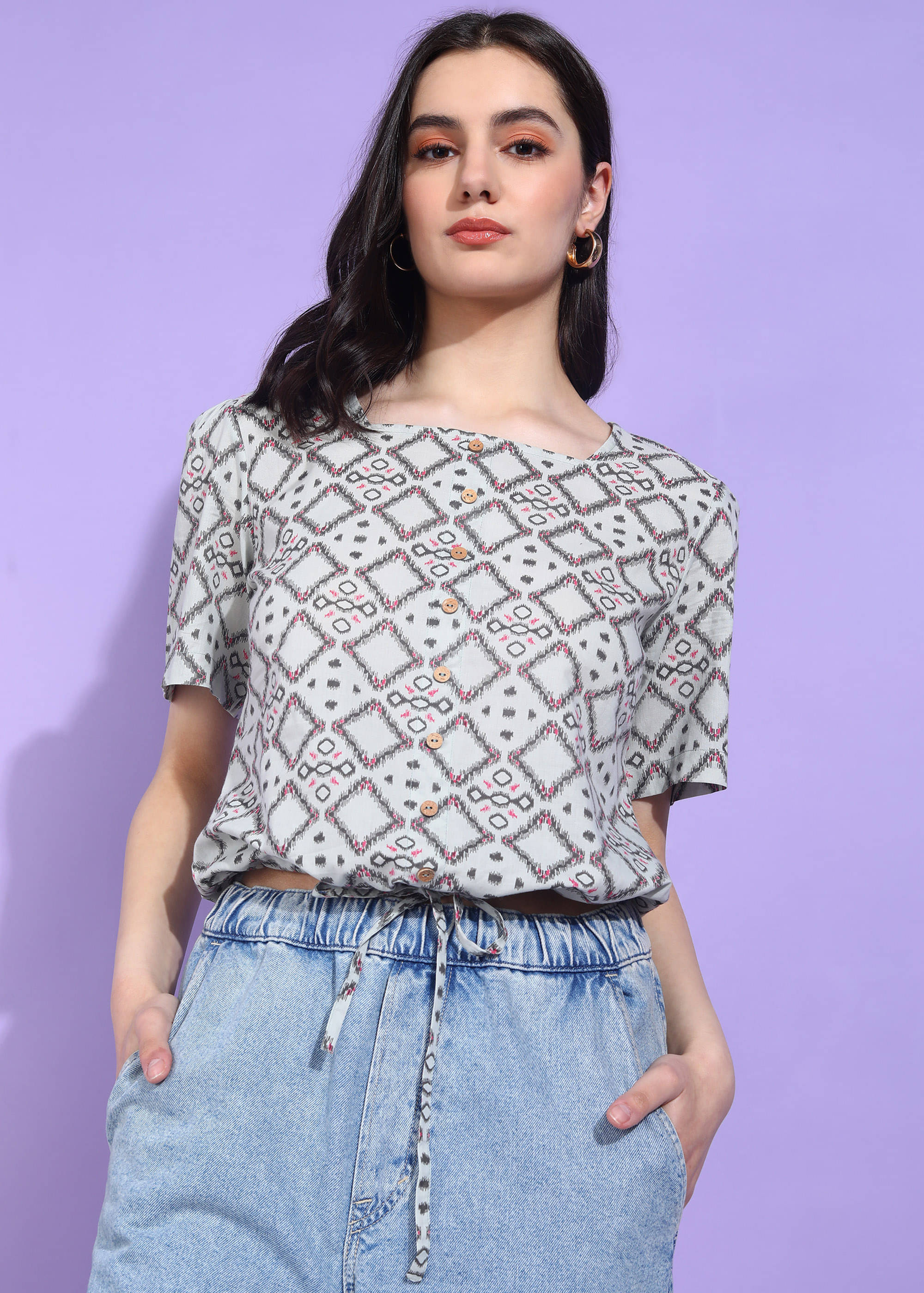 Yash Gallery Women's Cotton Drawstring Top ( Grey ) Yash Gallery Women's Cotton Drawstring Top ( Grey )
