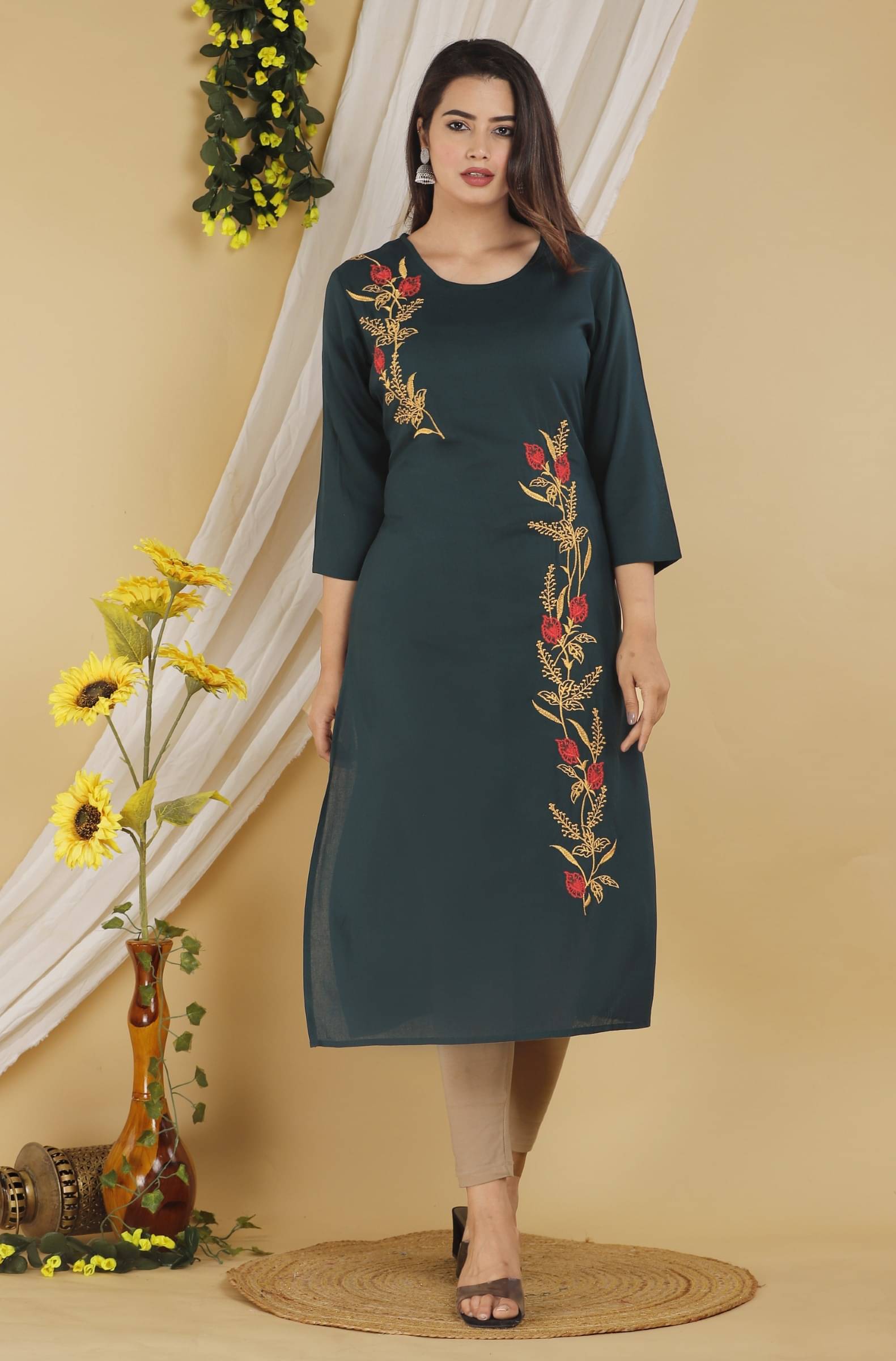 jain creation Women's Cotton Blend Embroidered Straight Kurti - ( Dark Green ) jain creation Women's Cotton Blend Embroidered Straight Kurti - ( Dark Green )