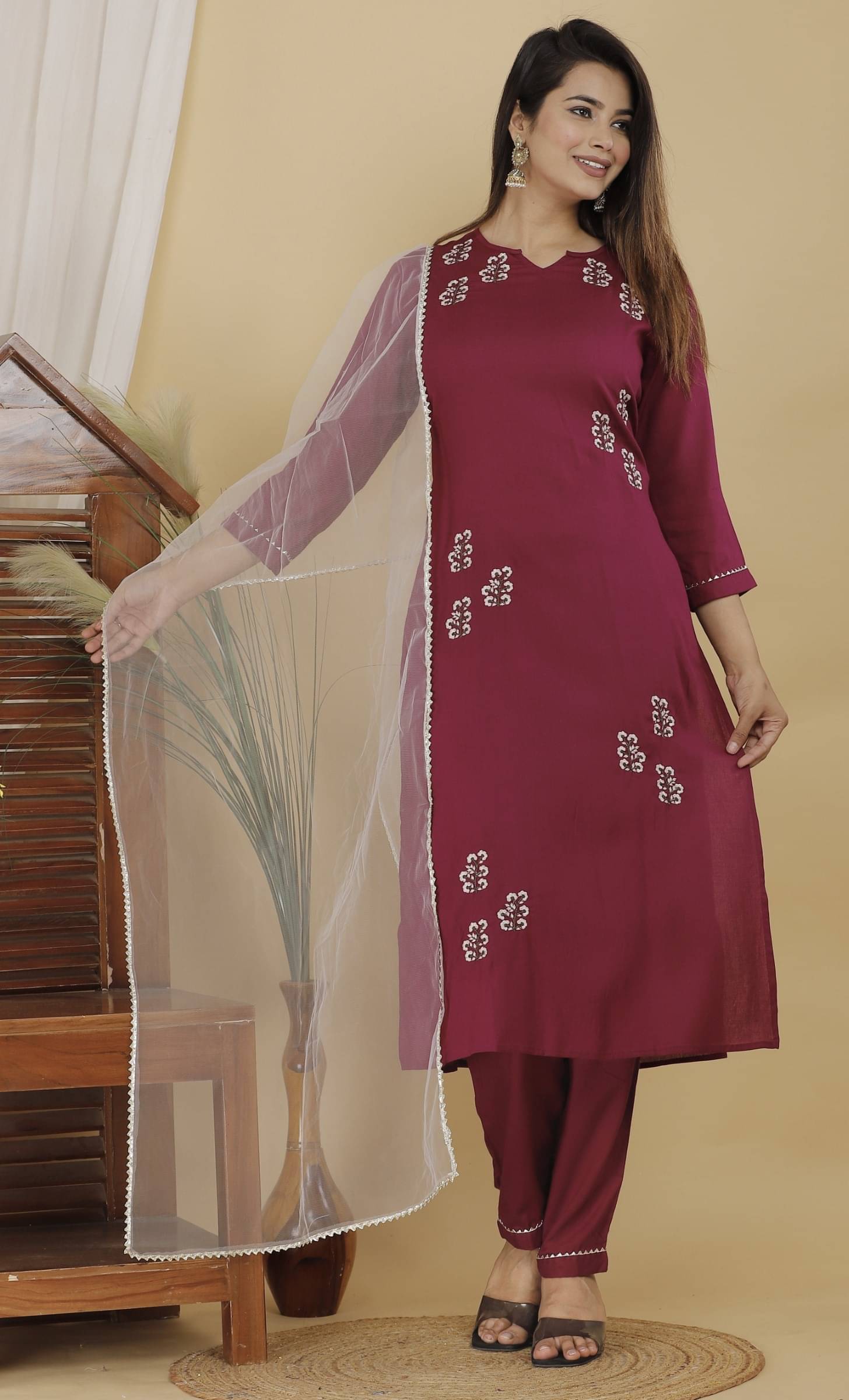 jain creation Women's Cotton Blend Embroidered Kurti With Churidar ( Maroon )     			jain creation Women's Cotton Blend Embroidered Kurti With Churidar ( Maroon )