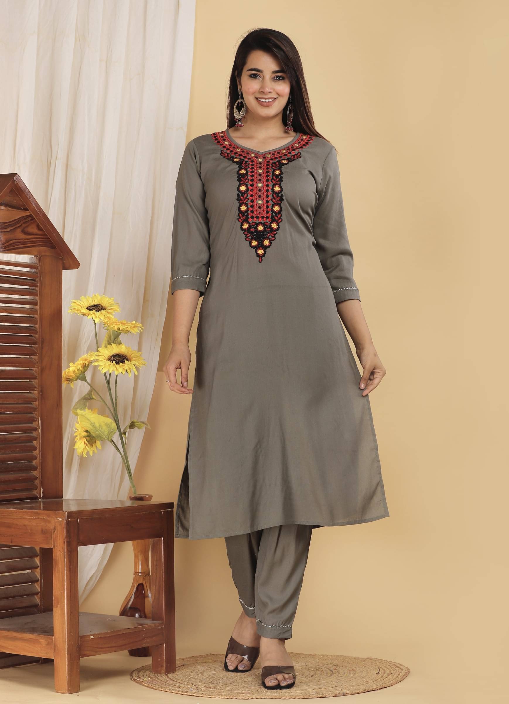 jain creation Women's Cotton Blend Embroidered Kurti With Pants ( Grey )     			jain creation Women's Cotton Blend Embroidered Kurti With Pants ( Grey )