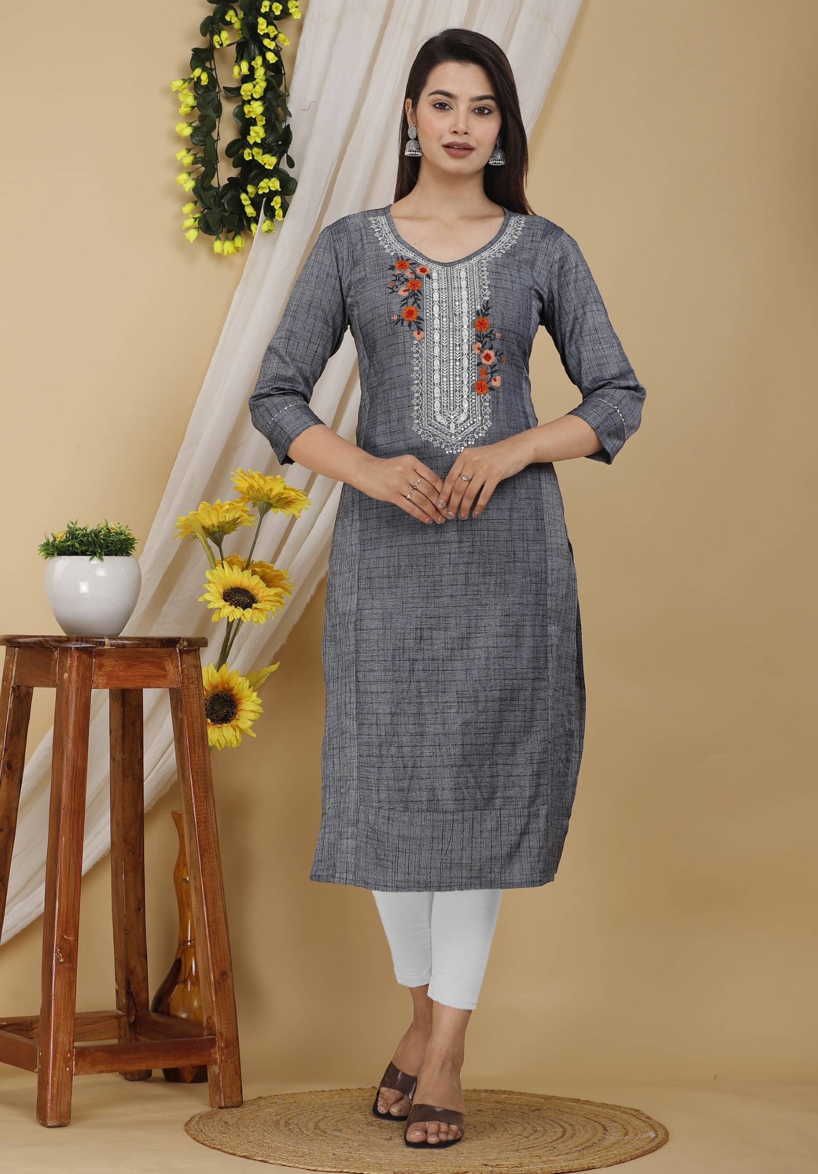     			jain creation Women's Cotton Blend Embroidered Straight Kurti - ( Grey )