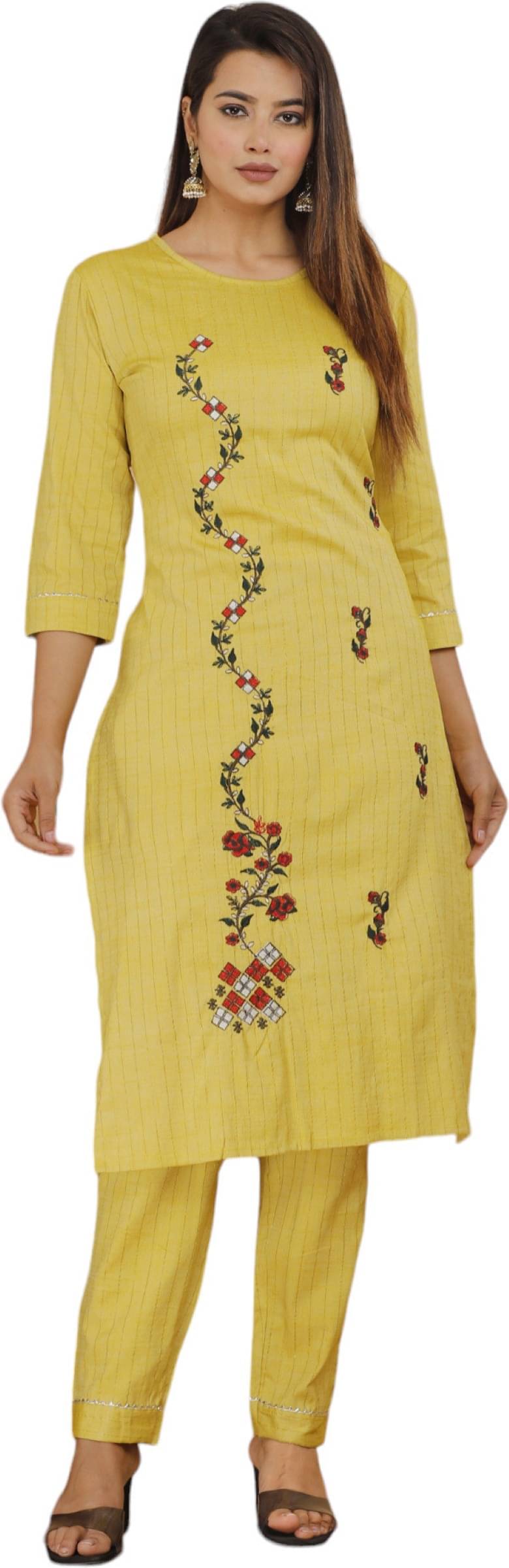     			jain creation Women's Cotton Silk Embroidered Kurti With Pants ( Yellow )