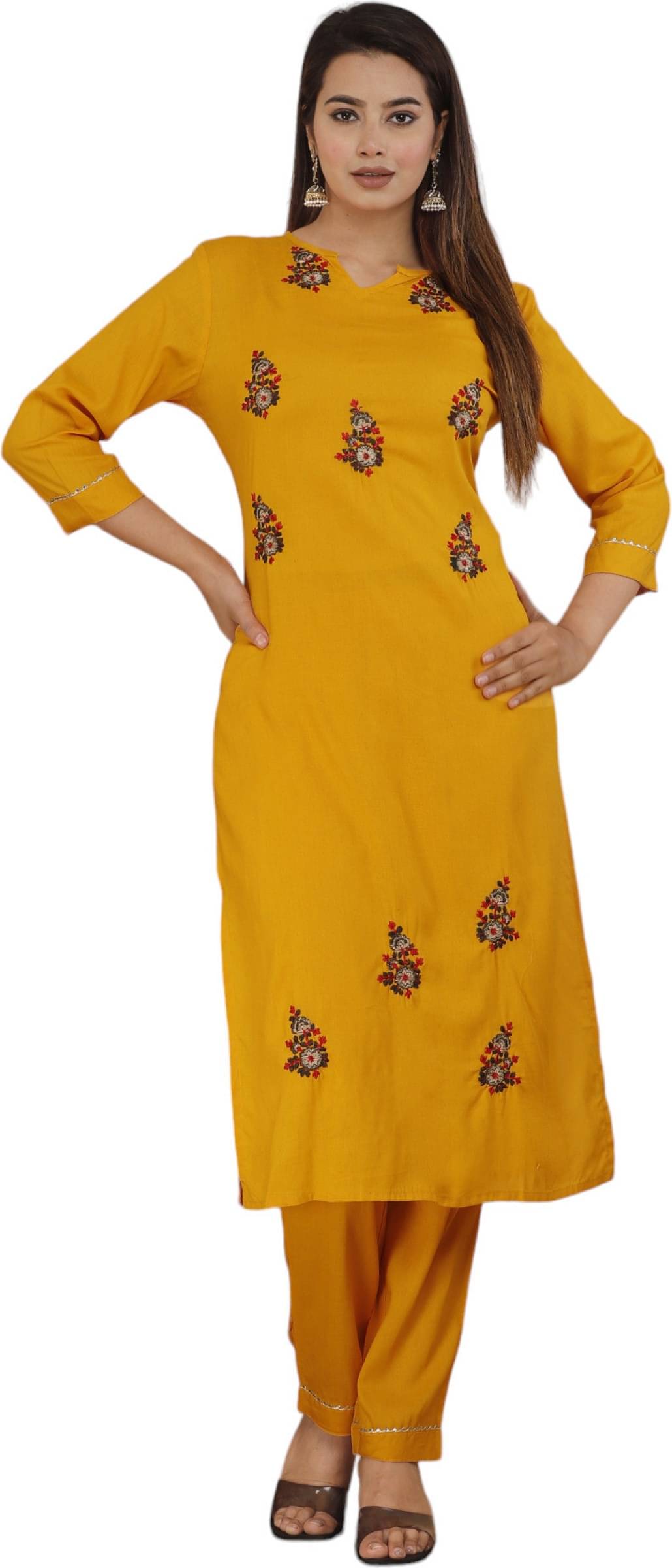 jain creation Women's Cotton Blend Embroidered Kurti With Pants ( Yellow ) jain creation Women's Cotton Blend Embroidered Kurti With Pants ( Yellow )
